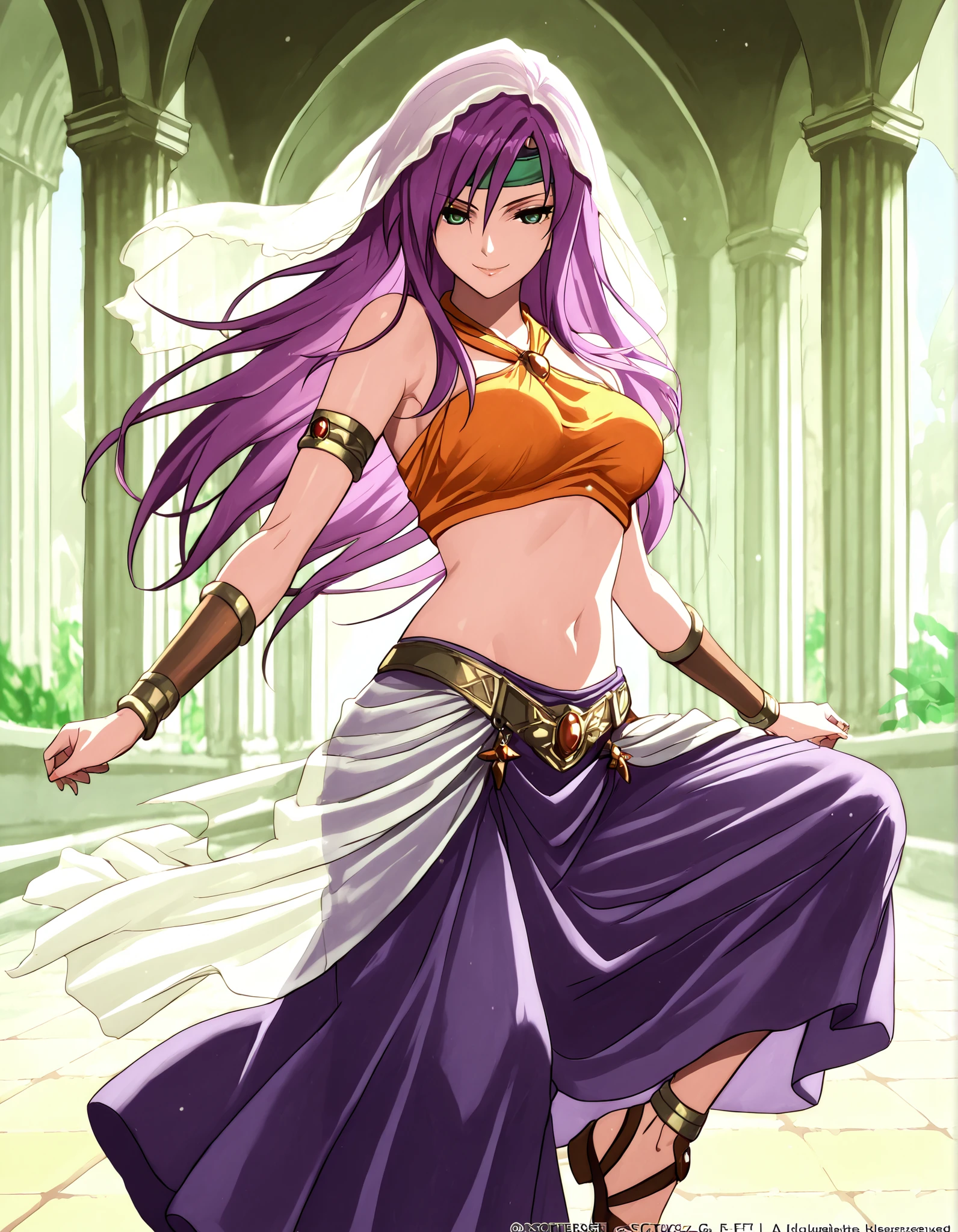 (1girl:1 . 5) , (Seul:1 . 5) , score_9 , score_8_haut , score_7_haut , source_anime , Official work , ultra-detailed , masterpiece , better quality , high resolution , beaux yeux , detailed eyes , Detailed face , beautiful detailed eyes,purple hair, long hair, green eyes,Final Fantasy,Faris Scherwiz, dancer_fft,crop top, halter top, long skirt, belt,bracers, sandals, shawl,golden jewelery,armlet, belly dancing,arabian garden,seductive smile, dancing with veil, dynamic movement,dance posture, seductive pose