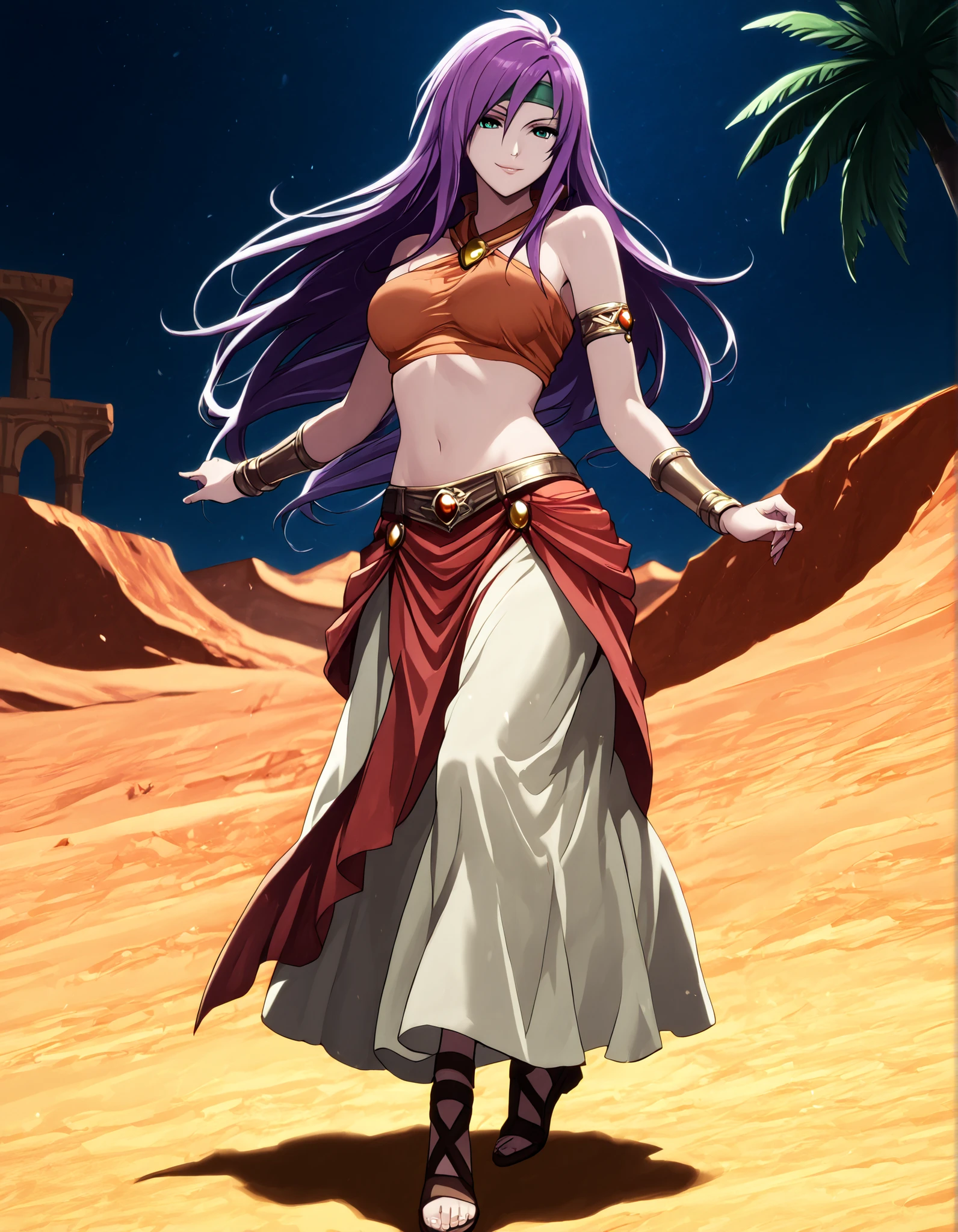 (1girl:1 . 5) , (Seul:1 . 5) , score_9 , score_8_haut , score_7_haut , source_anime , Official work , ultra-detailed , masterpiece , better quality , high resolution , beaux yeux , detailed eyes , Detailed face , beautiful detailed eyes,purple hair, long hair, green eyes,Final Fantasy,Faris Scherwiz, dancer_fft,crop top, halter top, long skirt, belt,bracers, sandals, shawl,golden jewelery,armlet, belly dancing,night,desert lands,palm tree,seductive smile, dancing with veil, dynamic movement,dance posture, seductive pose