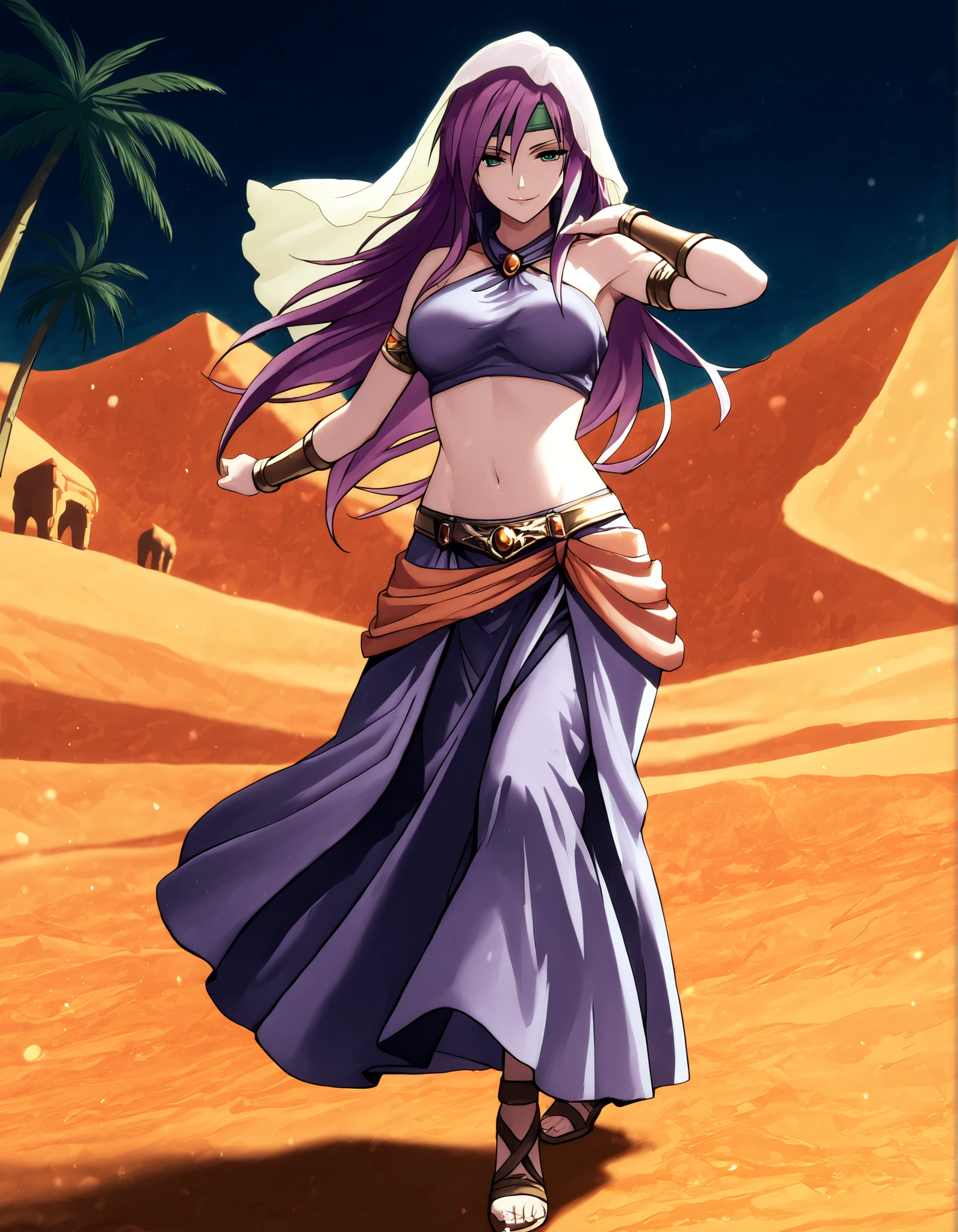 (1girl:1 . 5) , (Seul:1 . 5) , score_9 , score_8_haut , score_7_haut , source_anime , Official work , ultra-detailed , masterpiece , better quality , high resolution , beaux yeux , detailed eyes , Detailed face , beautiful detailed eyes,purple hair, long hair, green eyes,Final Fantasy,Faris Scherwiz, dancer_fft,crop top, halter top, long skirt, belt,bracers, sandals, shawl,golden jewelery,armlet, belly dancing,night,desert lands,palm tree,seductive smile, dancing with veil, dynamic movement,dance posture, seductive pose