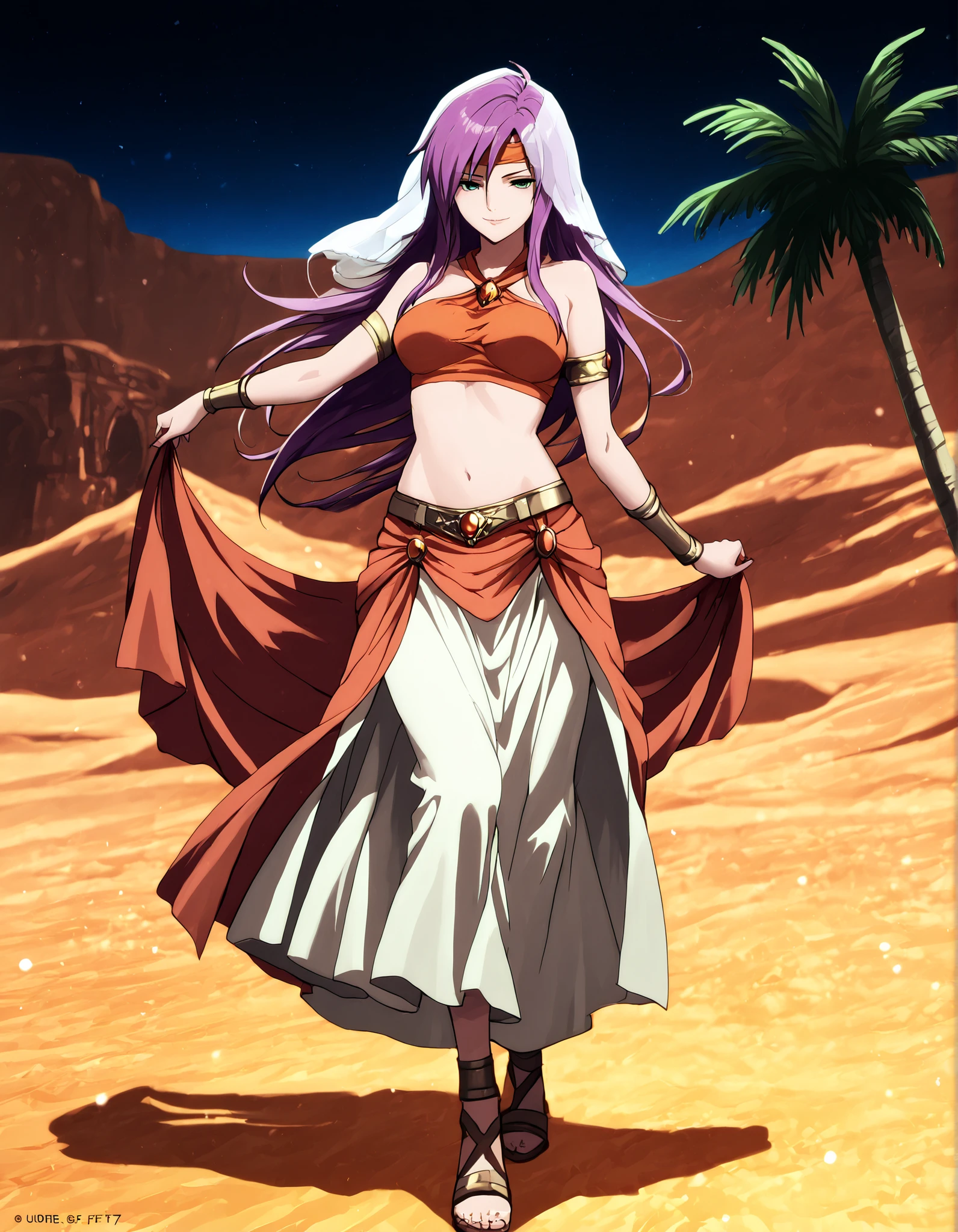 (1girl:1 . 5) , (Seul:1 . 5) , score_9 , score_8_haut , score_7_haut , source_anime , Official work , ultra-detailed , masterpiece , better quality , high resolution , beaux yeux , detailed eyes , Detailed face , beautiful detailed eyes,purple hair, long hair, green eyes,Final Fantasy,Faris Scherwiz, dancer_fft,crop top, halter top, long skirt, belt,bracers, sandals, shawl,golden jewelery,armlet, belly dancing,night,desert lands,palm tree,seductive smile, dancing with veil, dynamic movement,dance posture, seductive pose