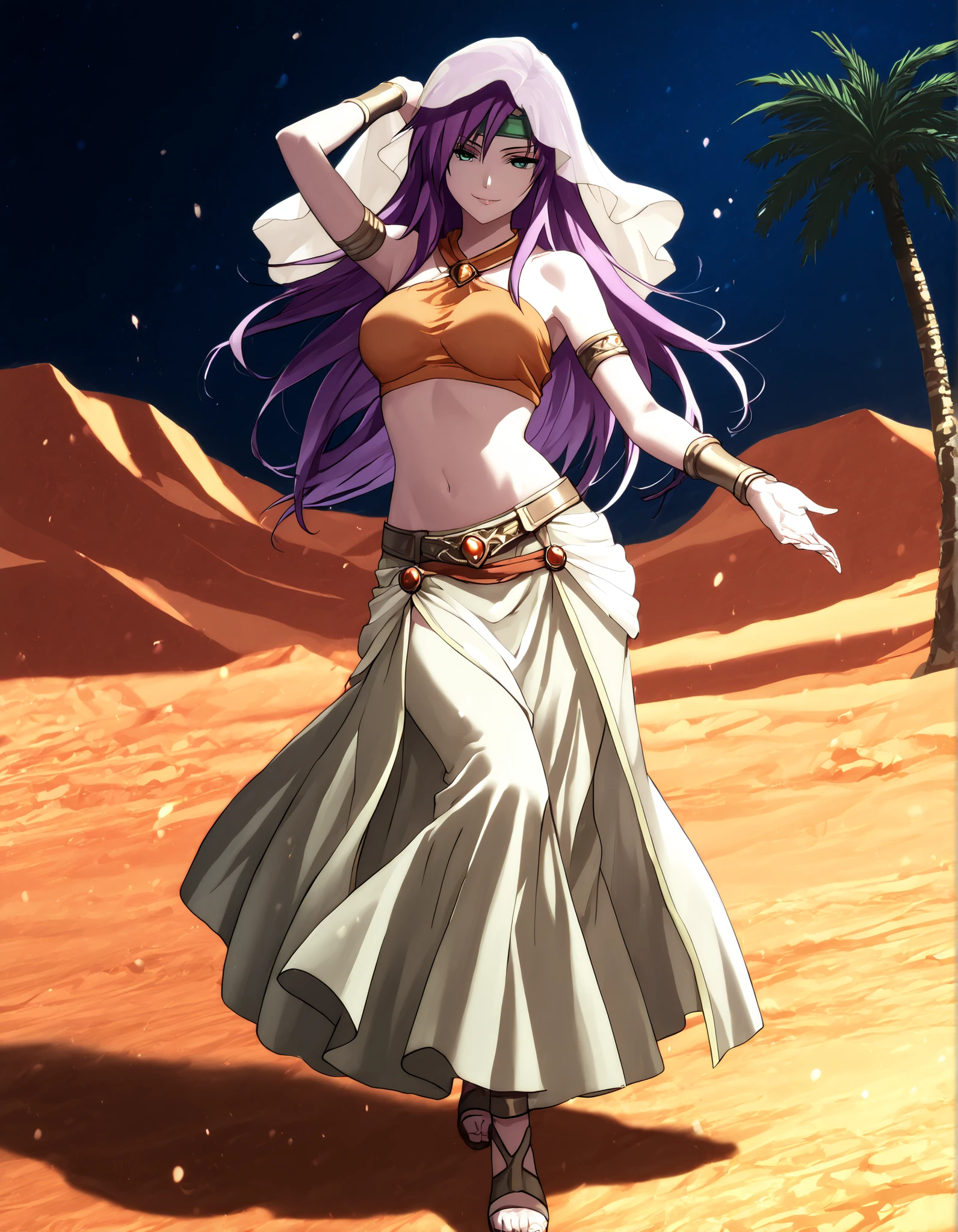 (1girl:1 . 5) , (Seul:1 . 5) , score_9 , score_8_haut , score_7_haut , source_anime , Official work , ultra-detailed , masterpiece , better quality , high resolution , beaux yeux , detailed eyes , Detailed face , beautiful detailed eyes,purple hair, long hair, green eyes,Final Fantasy,Faris Scherwiz, dancer_fft,crop top, halter top, long skirt, belt,bracers, sandals, shawl,golden jewelery,armlet, belly dancing,night,desert lands,palm tree,seductive smile, dancing with veil, dynamic movement,dance posture, seductive pose