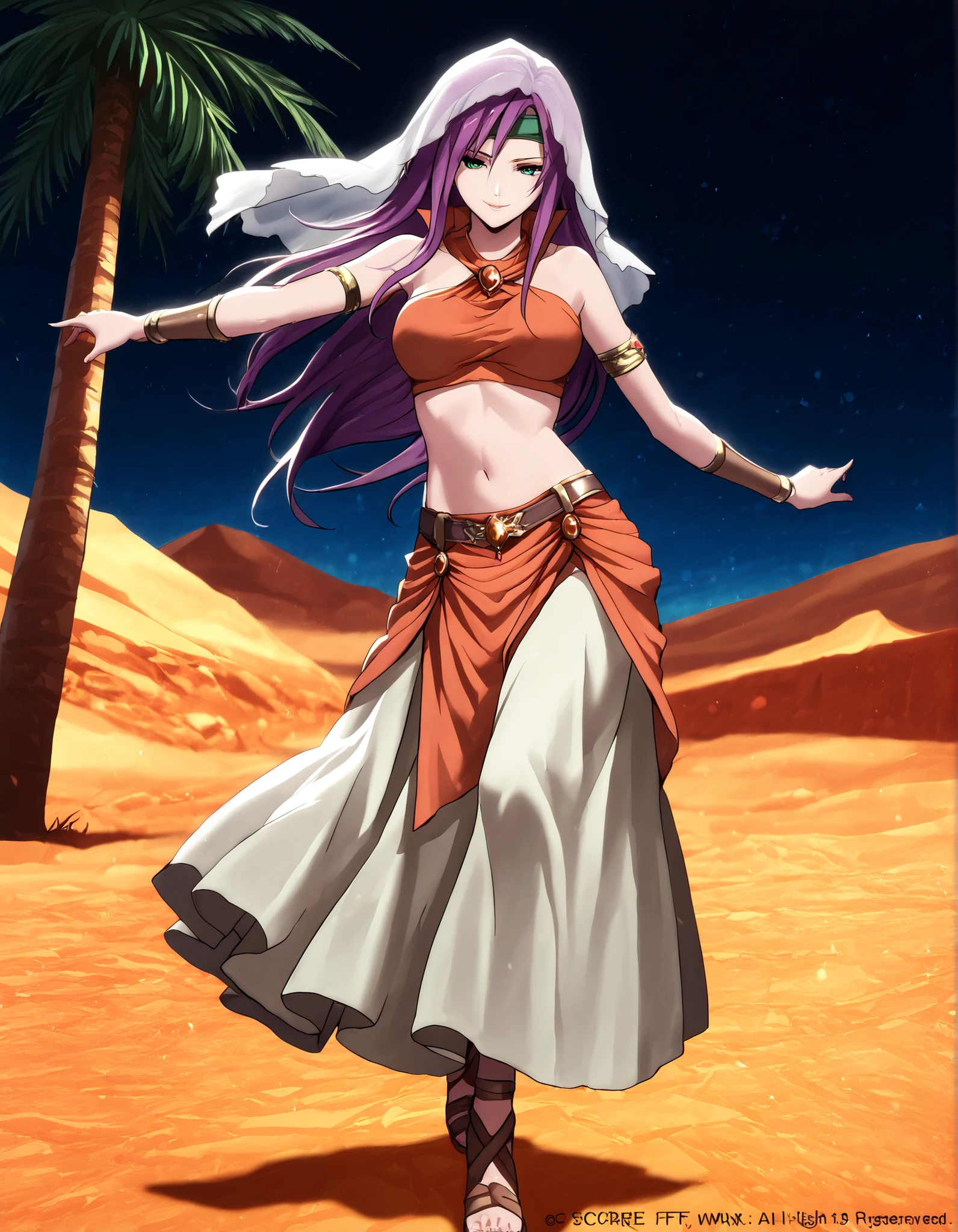 (1girl:1 . 5) , (Seul:1 . 5) , score_9 , score_8_haut , score_7_haut , source_anime , Official work , ultra-detailed , masterpiece , better quality , high resolution , beaux yeux , detailed eyes , Detailed face , beautiful detailed eyes,purple hair, long hair, green eyes,Final Fantasy,Faris Scherwiz, dancer_fft,crop top, halter top, long skirt, belt,bracers, sandals, shawl,golden jewelery,armlet, belly dancing,night,desert lands,palm tree,seductive smile, dancing with veil, dynamic movement,dance posture, seductive pose