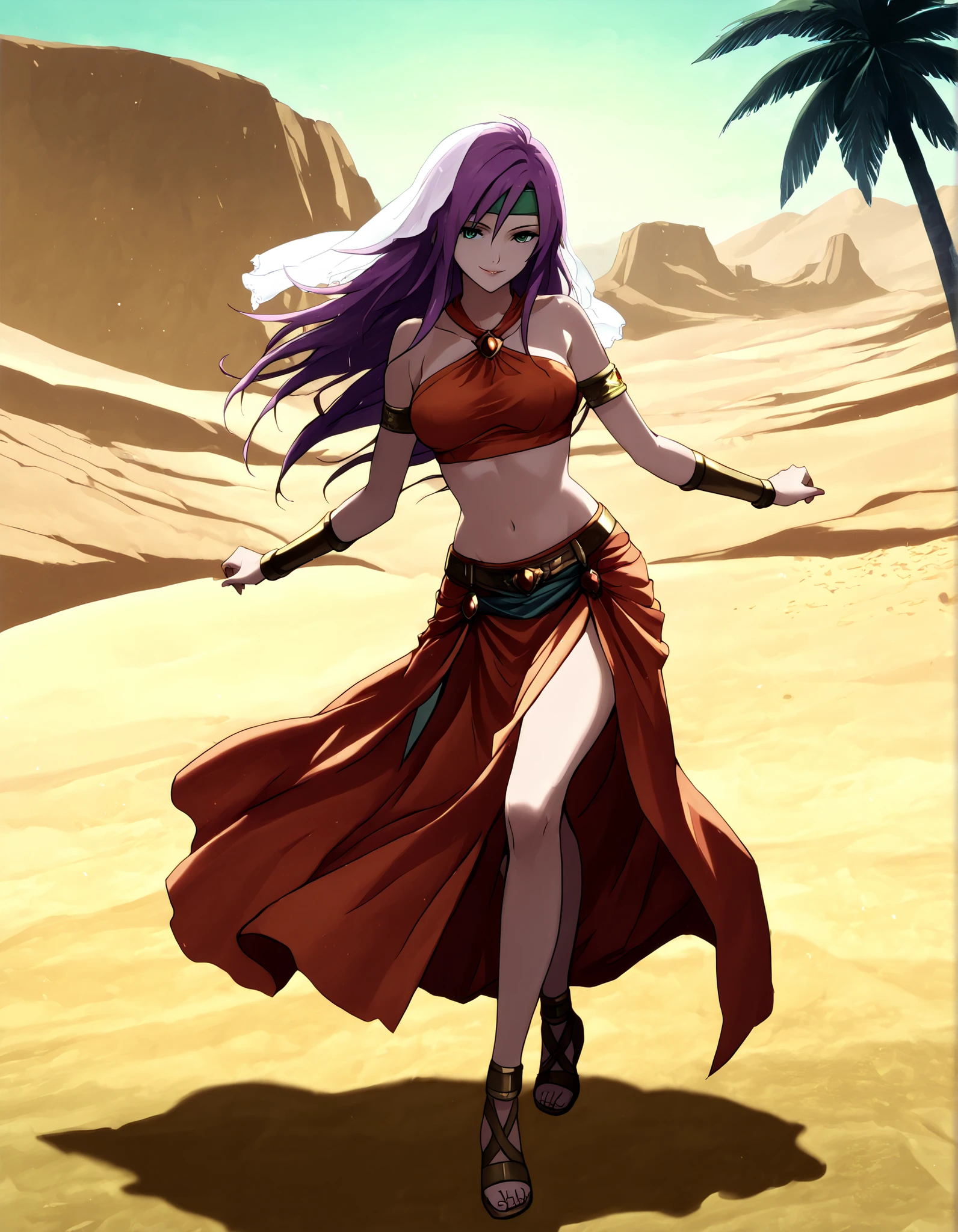 (1girl:1 . 5) , (Seul:1 . 5) , score_9 , score_8_haut , score_7_haut , source_anime , Official work , ultra-detailed , masterpiece , better quality , high resolution , beaux yeux , detailed eyes , Detailed face , beautiful detailed eyes,purple hair, long hair, green eyes,Final Fantasy,Faris Scherwiz, dancer_fft,crop top, halter top, long skirt, belt,bracers, sandals, shawl,golden jewelery,armlet, belly dancing,desert lands,palm tree,seductive smile, dancing with veil, dynamic movement,dance posture, seductive pose
