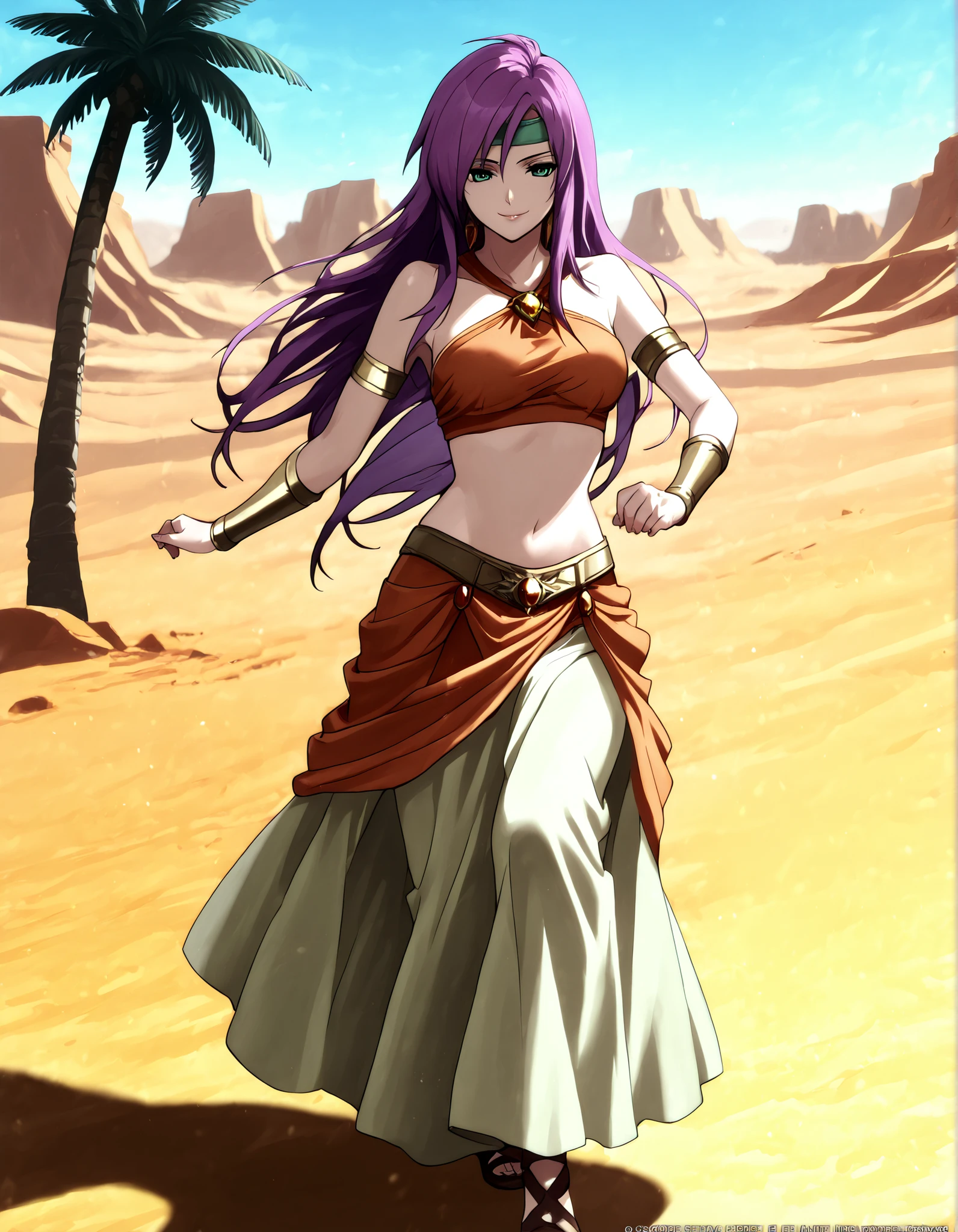 (1girl:1 . 5) , (Seul:1 . 5) , score_9 , score_8_haut , score_7_haut , source_anime , Official work , ultra-detailed , masterpiece , better quality , high resolution , beaux yeux , detailed eyes , Detailed face , beautiful detailed eyes,purple hair, long hair, green eyes,Final Fantasy,Faris Scherwiz, dancer_fft,crop top, halter top, long skirt, belt,bracers, sandals, shawl,golden jewelery,armlet, belly dancing,desert lands,palm tree,seductive smile, dancing with veil, dynamic movement,dance posture, seductive pose