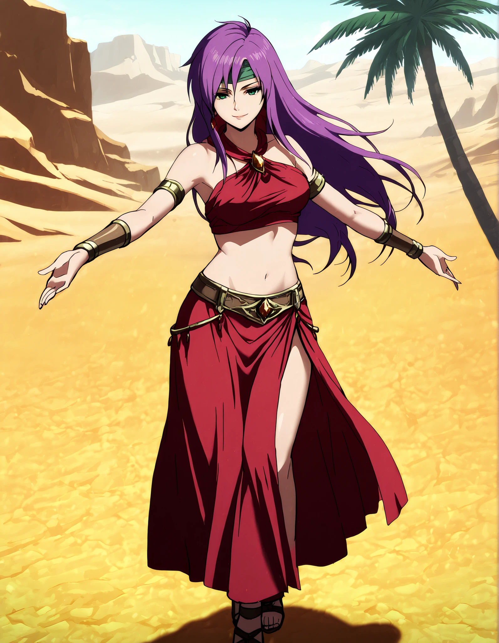 (1girl:1 . 5) , (Seul:1 . 5) , score_9 , score_8_haut , score_7_haut , source_anime , Official work , ultra-detailed , masterpiece , better quality , high resolution , beaux yeux , detailed eyes , Detailed face , beautiful detailed eyes,purple hair, long hair, green eyes,Final Fantasy,Faris Scherwiz, dancer_fft,crop top, halter top, long skirt, belt,bracers, sandals, shawl,golden jewelery,armlet, belly dancing,desert lands,palm tree,seductive smile, dancing with veil, dynamic movement,dance posture, seductive pose