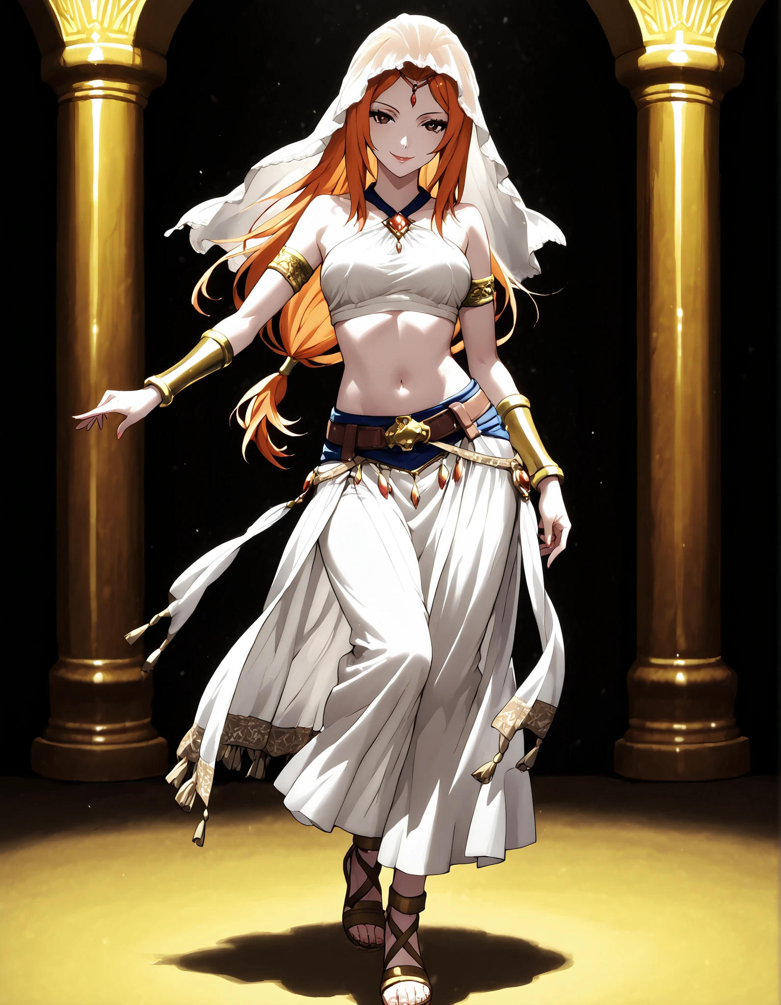 (1girl:1 . 5) , (Seul:1 . 5) , score_9 , score_8_haut , score_7_haut , source_anime , Official work , ultra-detailed , masterpiece , better quality , high resolution , beaux yeux , detailed eyes , Detailed face , beautiful detailed eyes,brown eyes, long hair, orange hair,Final Fantasy,Refia, dancer_fft,crop top, halter top, long skirt, belt,bracers, sandals, shawl,golden jewelery,armlet, belly dancing,arabian theater,seductive smile, dancing with veil, dynamic movement,dance posture, pose