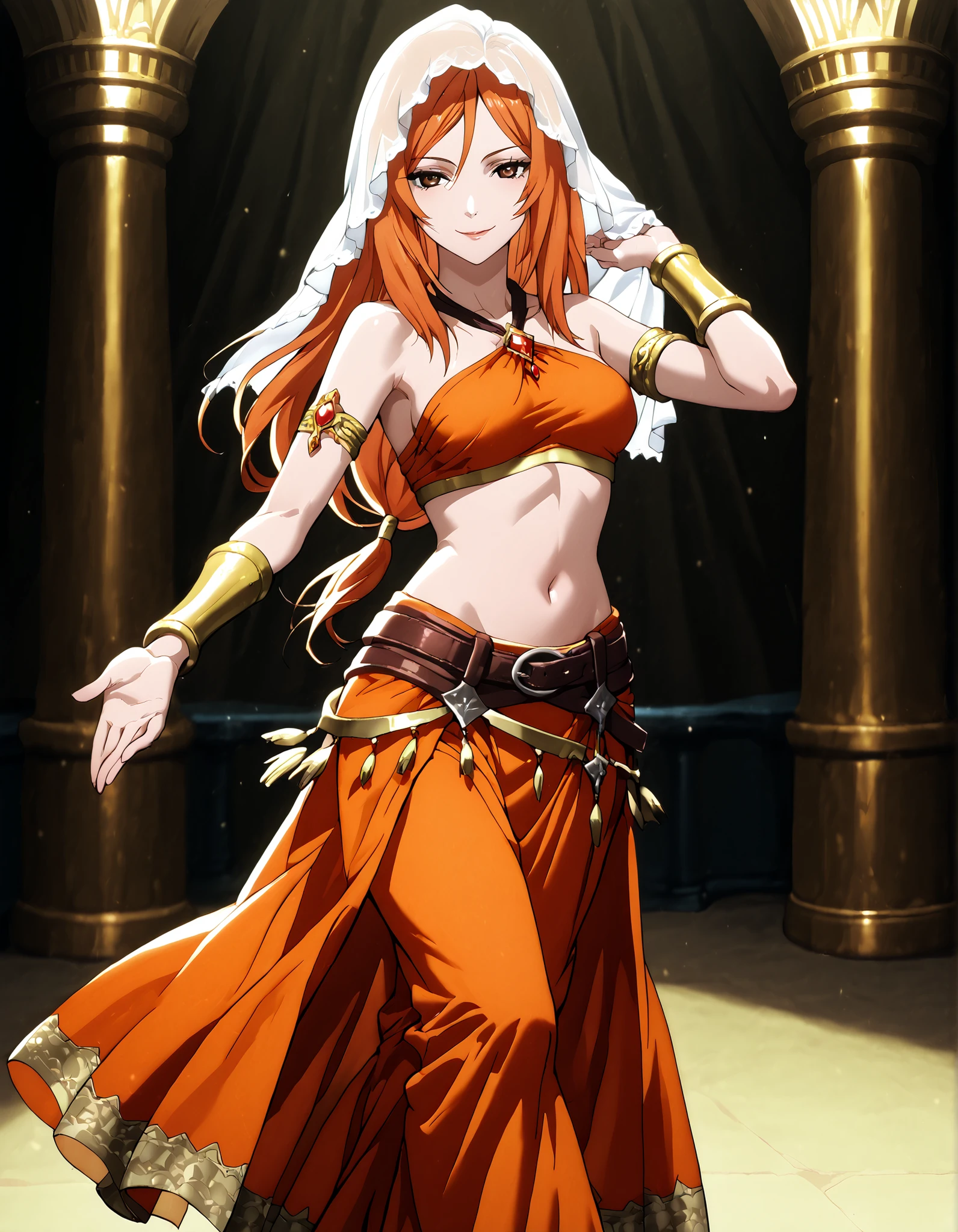 (1girl:1 . 5) , (Seul:1 . 5) , score_9 , score_8_haut , score_7_haut , source_anime , Official work , ultra-detailed , masterpiece , better quality , high resolution , beaux yeux , detailed eyes , Detailed face , beautiful detailed eyes,brown eyes, long hair, orange hair,Final Fantasy,Refia, dancer_fft,crop top, halter top, long skirt, belt,bracers, sandals, shawl,golden jewelery,armlet, belly dancing,arabian theater,seductive smile, dancing with veil, dynamic movement,dance posture, seductive pose