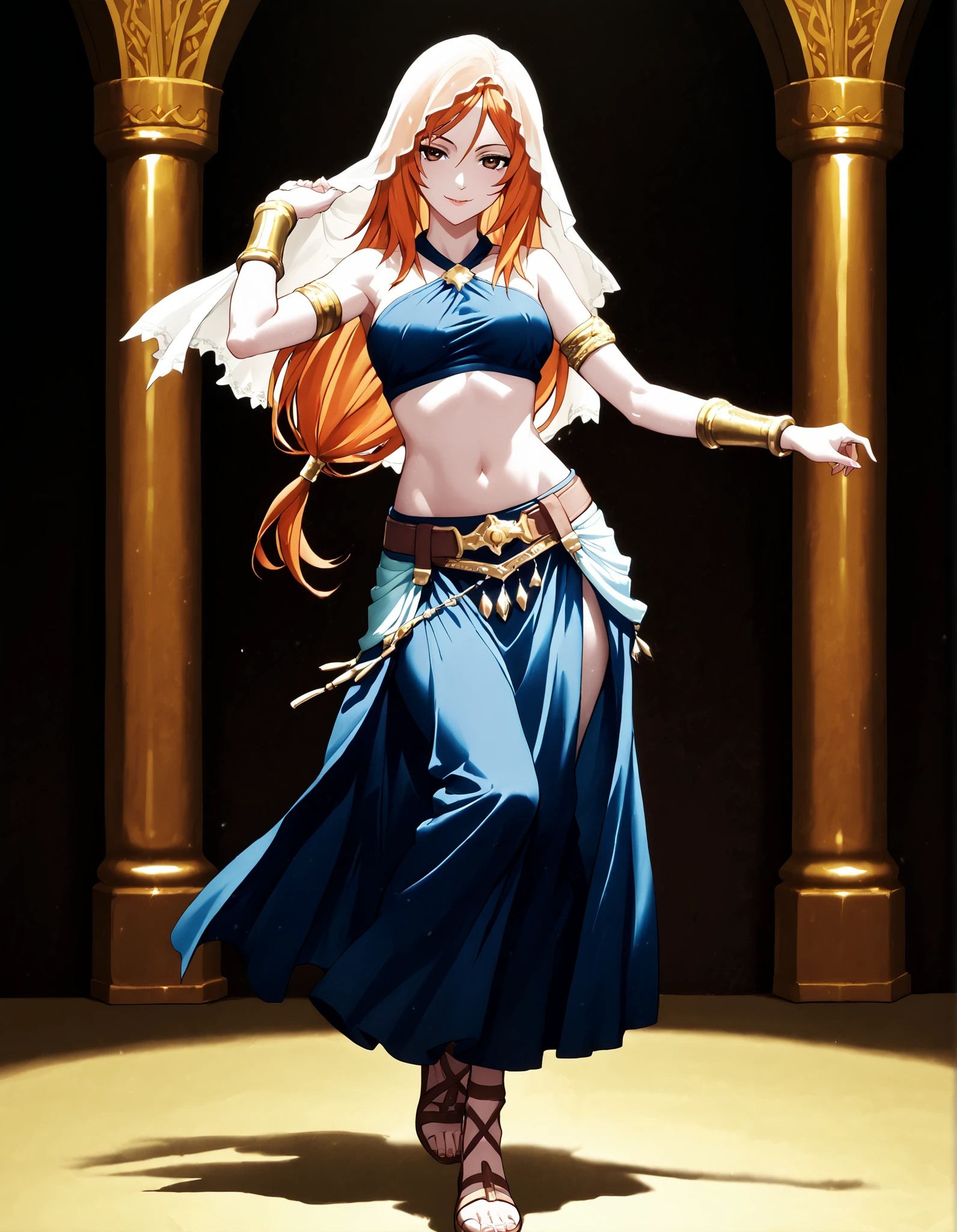 (1girl:1 . 5) , (Seul:1 . 5) , score_9 , score_8_haut , score_7_haut , source_anime , Official work , ultra-detailed , masterpiece , better quality , high resolution , beaux yeux , detailed eyes , Detailed face , beautiful detailed eyes,brown eyes, long hair, orange hair,Final Fantasy,Refia, dancer_fft,crop top, halter top, long skirt, belt,bracers, sandals, shawl,golden jewelery,armlet, belly dancing,arabian theater,seductive smile, dancing with veil, dynamic movement,dance posture, pose