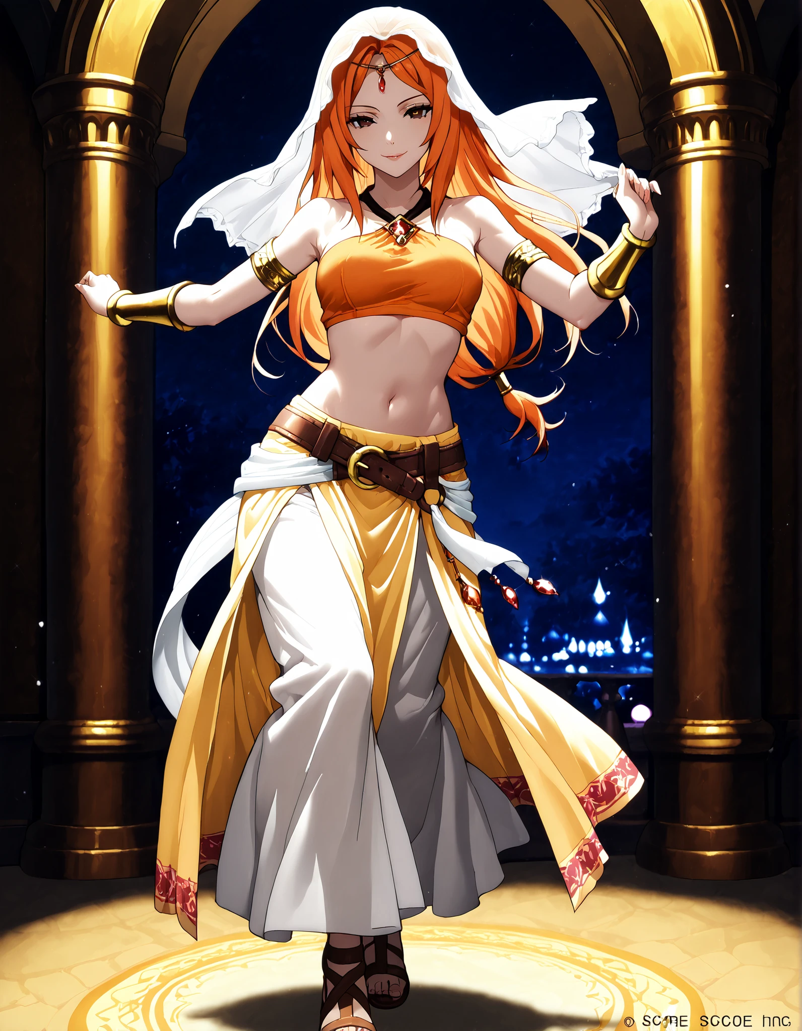 (1girl:1 . 5) , (Seul:1 . 5) , score_9 , score_8_haut , score_7_haut , source_anime , Official work , ultra-detailed , masterpiece , better quality , high resolution , beaux yeux , detailed eyes , Detailed face , beautiful detailed eyes,brown eyes, long hair, orange hair,Final Fantasy,Refia, dancer_fft,crop top, halter top, long skirt, belt,bracers, sandals, shawl,golden jewelery,armlet, belly dancing,night,arabian garden,seductive smile, dancing with veil, dynamic movement,dance posture, pose