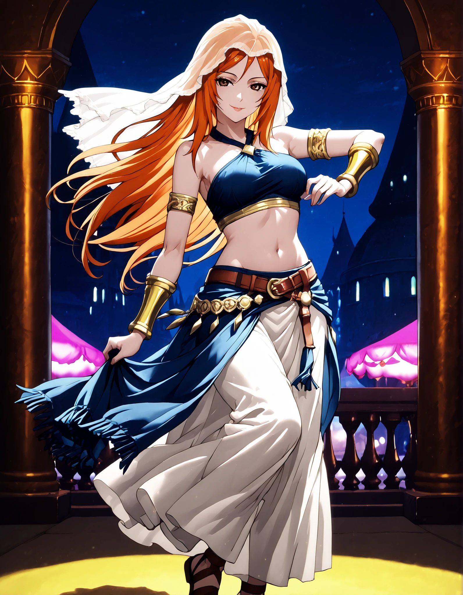 (1girl:1 . 5) , (Seul:1 . 5) , score_9 , score_8_haut , score_7_haut , source_anime , Official work , ultra-detailed , masterpiece , better quality , high resolution , beaux yeux , detailed eyes , Detailed face , beautiful detailed eyes,brown eyes, long hair, orange hair,Final Fantasy,Refia, dancer_fft,crop top, halter top, long skirt, belt,bracers, sandals, shawl,golden jewelery,armlet, belly dancing,night,arabian garden,seductive smile, dancing with veil, dynamic movement,dance posture, pose