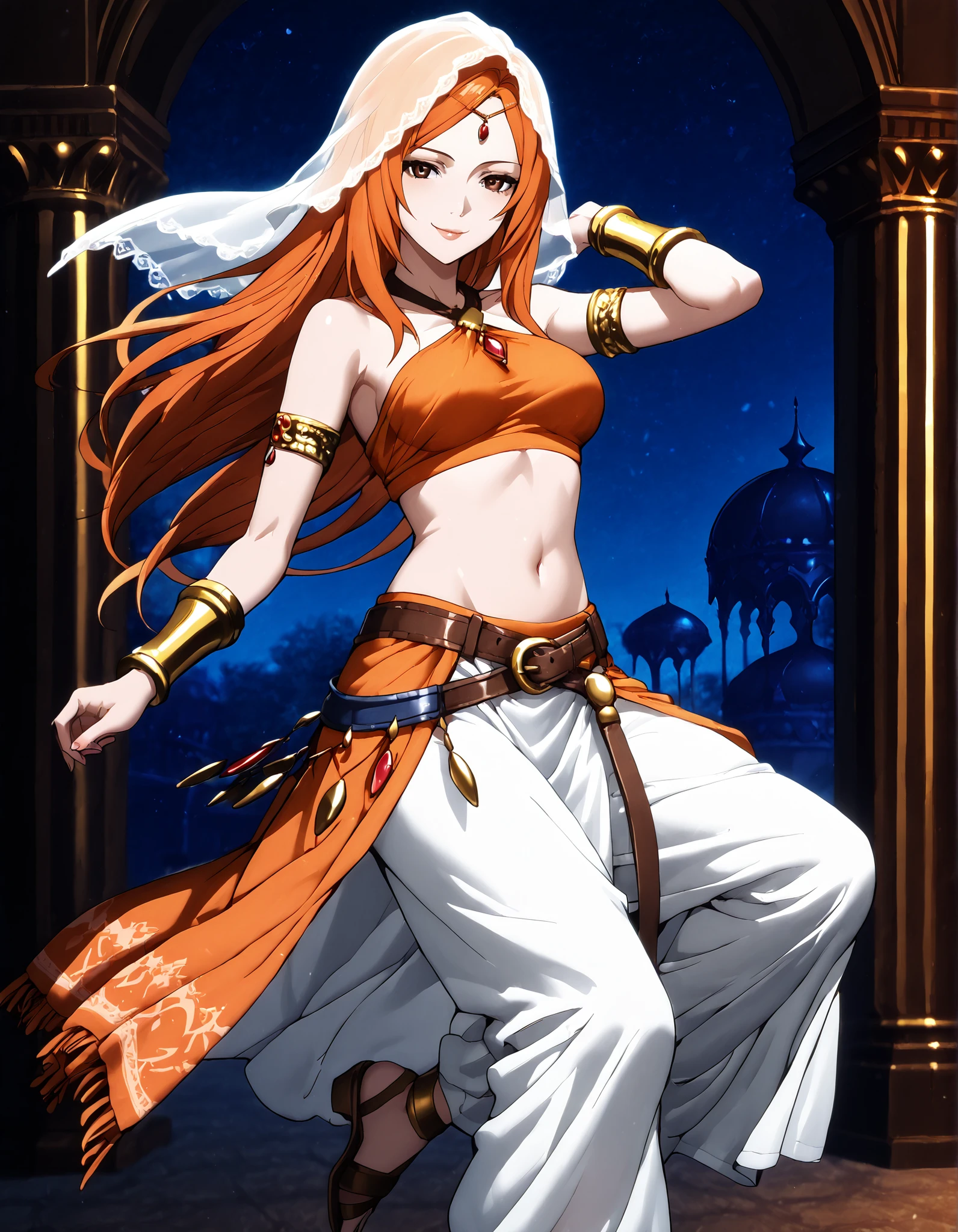 (1girl:1 . 5) , (Seul:1 . 5) , score_9 , score_8_haut , score_7_haut , source_anime , Official work , ultra-detailed , masterpiece , better quality , high resolution , beaux yeux , detailed eyes , Detailed face , beautiful detailed eyes,brown eyes, long hair, orange hair,Final Fantasy,Refia, dancer_fft,crop top, halter top, long skirt, belt,bracers, sandals, shawl,golden jewelery,armlet, belly dancing,night,arabian garden,seductive smile, dancing with veil, dynamic movement,dance posture, pose