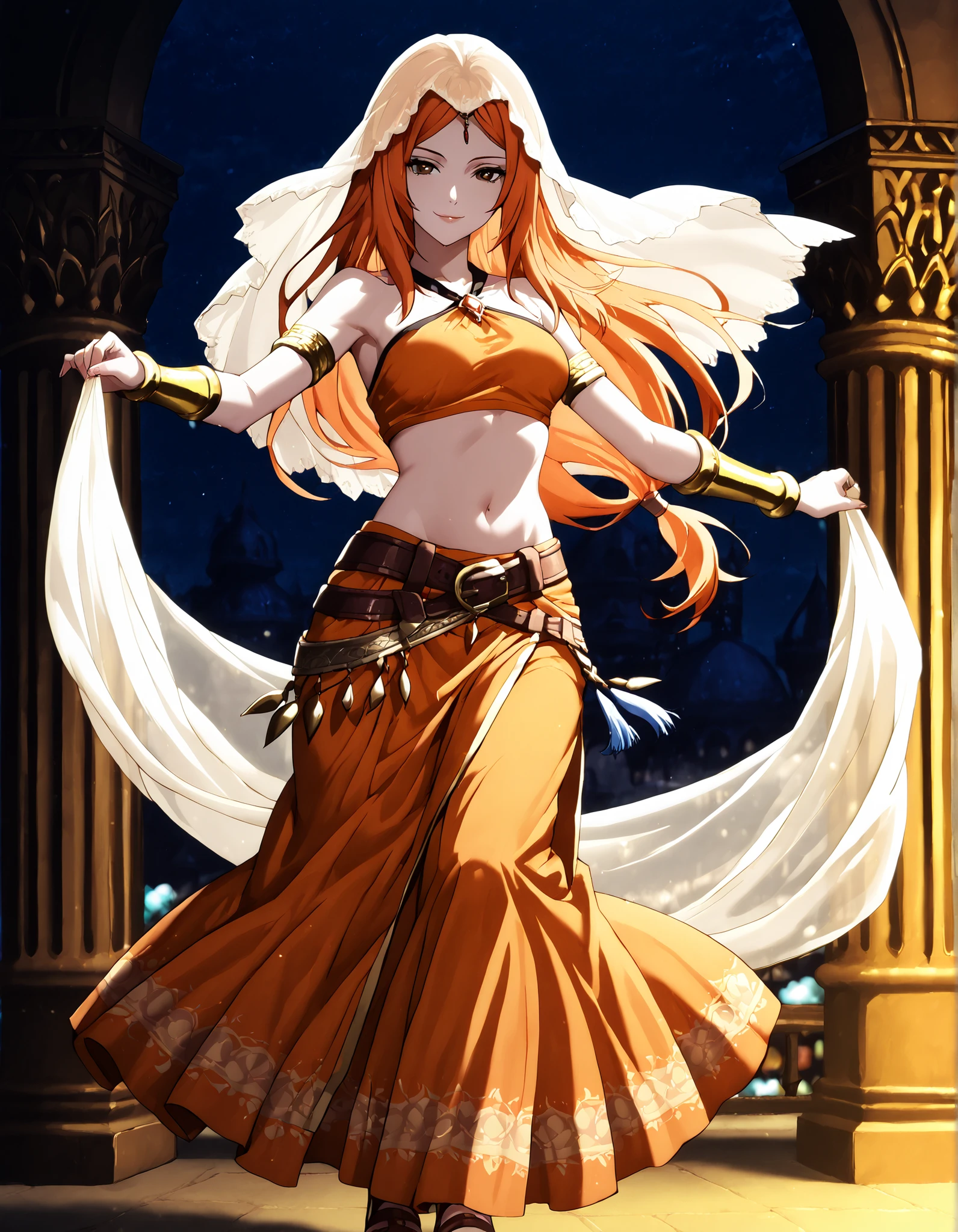 (1girl:1 . 5) , (Seul:1 . 5) , score_9 , score_8_haut , score_7_haut , source_anime , Official work , ultra-detailed , masterpiece , better quality , high resolution , beaux yeux , detailed eyes , Detailed face , beautiful detailed eyes,brown eyes, long hair, orange hair,Final Fantasy,Refia, dancer_fft,crop top, halter top, long skirt, belt,bracers, sandals, shawl,golden jewelery,armlet, belly dancing,night,arabian garden,seductive smile, dancing with veil, dynamic movement,dance posture, pose
