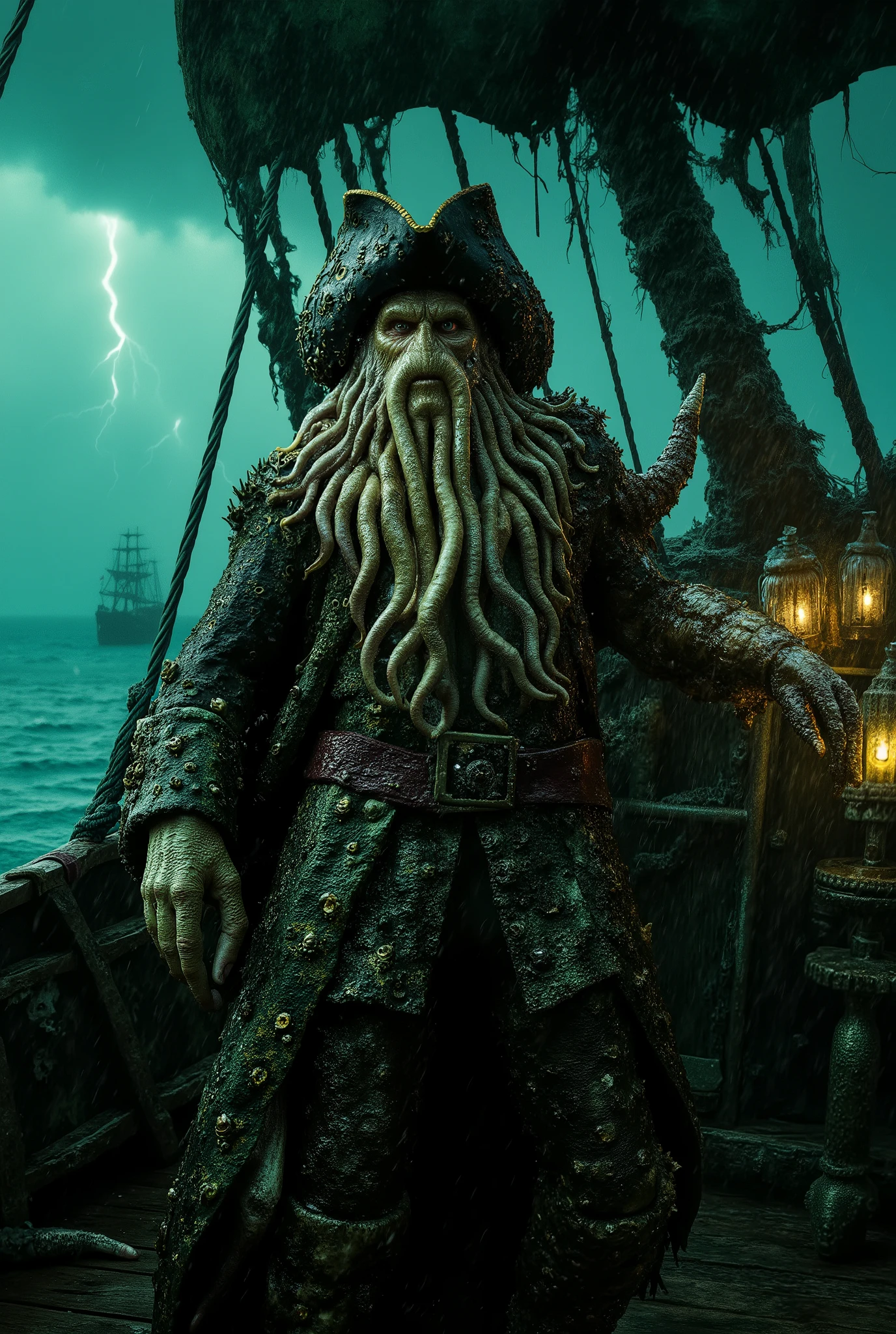 A dramatic low-angle shot of Davy Jones, standing ominously on the weathered deck of the Flying Dutchman, exuding an aura of absolute dominance and terror. His tentacle beard writhes and coils as if alive, reacting to the howling sea winds. His piercing, inhuman eyes glow with an eerie intensity, locked in a menacing glare that instills fear in all who dare oppose him. His crustacean-clawed hand grips the ship’s barnacle-encrusted wooden rail, his massive frame partially silhouetted against the storm-ridden sky.
The greenish glow of the ship’s cursed lanterns flickers unevenly, casting twisting shadows over his grotesque, sea-worn features. His mottled, barnacle-covered skin, riddled with the textures of the deep, glistens under the relentless downpour. The sound of thunderous waves crashing against the ship’s hull fills the air, as rain pelts down mercilessly, bouncing off the wooden planks and soaking his long, tattered coat.
Above, lightning arcs across the sky, briefly illuminating the towering, rotted sails of the Flying Dutchman, their ghostly fabric flapping violently in the storm. The ship groans under the weight of its dark curse, the deck swaying with the raging sea, yet Davy Jones stands unmoved—a nightmare given form, the very embodiment of the ocean’s wrath.