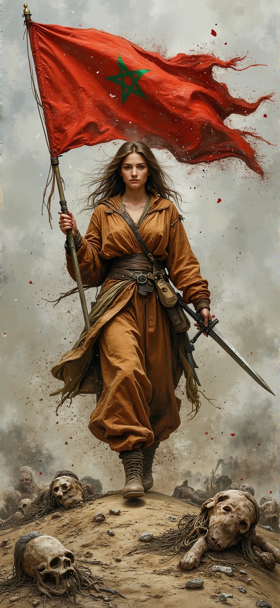 created a painting with oil painting with huge details , In the style of the artist Leonardo Davinci , The art of the era of European Renaissance ,  A fully detailed painting of a desert warrior  ( 25 years)   holding a sword in her right hand and the Moroccan flag on the left, standing on a hill full of dead bodies and raising the flag up, her long brown hair spread over her shoulders, her leather clothes, the background is blurry, the picture seems cinematic, the angle of view is not taken in front of the girl  ( . The picture of the girl is full inside the frame and the view from the front is ) 

