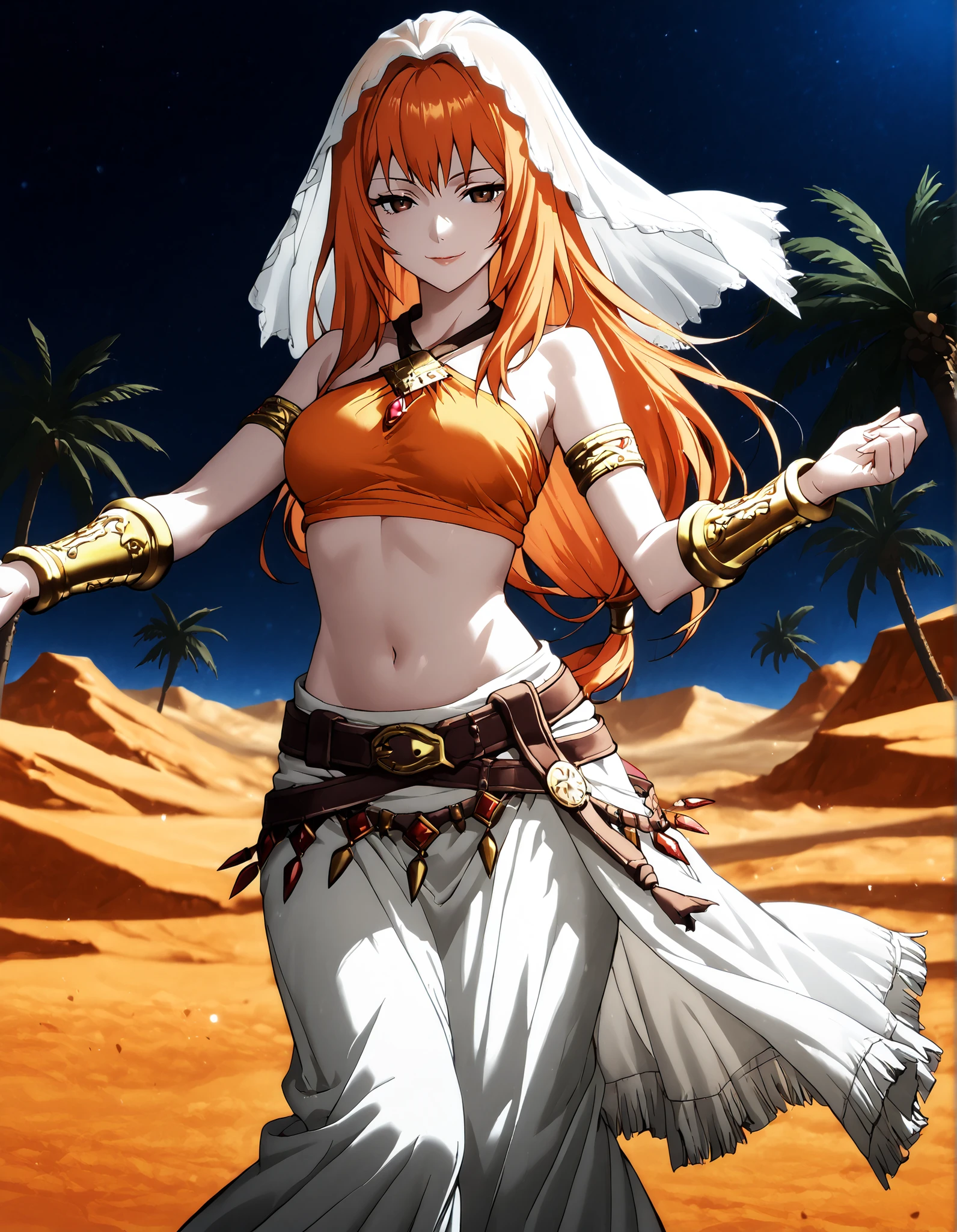 (1girl:1 . 5) , (Seul:1 . 5) , score_9 , score_8_haut , score_7_haut , source_anime , Official work  , ultra-detailed , masterpiece , better quality , high resolution , beaux yeux , detailed eyes , Detailed face , beautiful detailed eyes,brown eyes, long hair, orange hair,Final Fantasy,Refia, dancer_fft,crop top, halter top, long skirt, belt,bracers, sandals, shawl,golden jewelery,armlet, belly dancing,night,desert lands,palm tree,seductive smile, dancing with veil, dynamic movement,dance posture,  pose