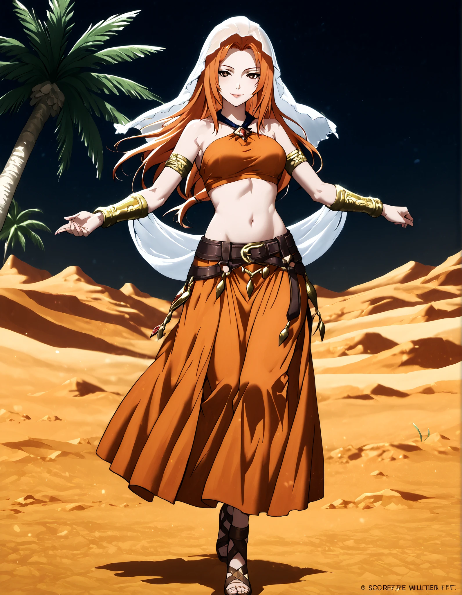 (1girl:1 . 5) , (Seul:1 . 5) , score_9 , score_8_haut , score_7_haut , source_anime , Official work , ultra-detailed , masterpiece , better quality , high resolution , beaux yeux , detailed eyes , Detailed face , beautiful detailed eyes,brown eyes, long hair, orange hair,Final Fantasy,Refia, dancer_fft,crop top, halter top, long skirt, belt,bracers, sandals, shawl,golden jewelery,armlet, belly dancing,night,desert lands,palm tree,seductive smile, dancing with veil, dynamic movement,dance posture, pose