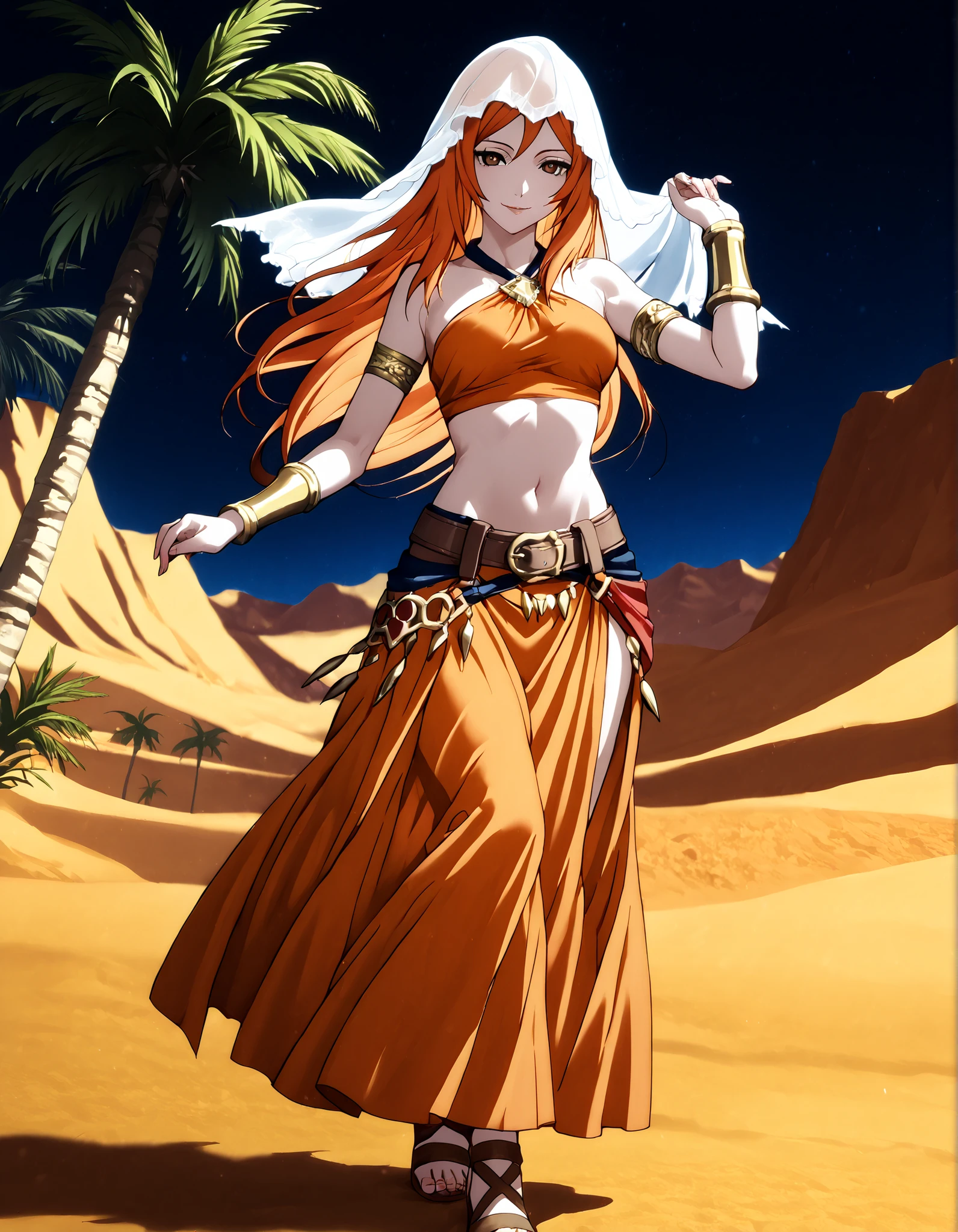 (1girl:1 . 5) , (Seul:1 . 5) , score_9 , score_8_haut , score_7_haut , source_anime , Official work , ultra-detailed , masterpiece , better quality , high resolution , beaux yeux , detailed eyes , Detailed face , beautiful detailed eyes,brown eyes, long hair, orange hair,Final Fantasy,Refia, dancer_fft,crop top, halter top, long skirt, belt,bracers, sandals, shawl,golden jewelery,armlet, belly dancing,night,desert lands,palm tree,seductive smile, dancing with veil, dynamic movement,dance posture, pose