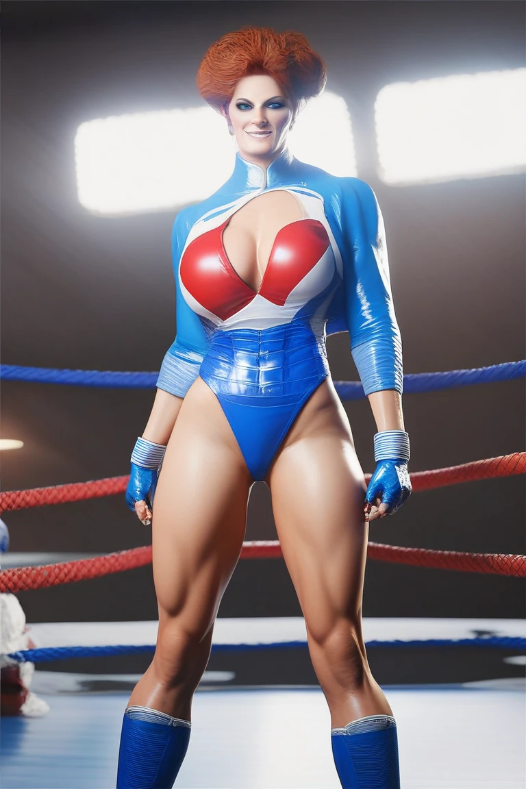 Supergirl, 18 years old, Beautiful woman short blonde hair,defined body,(((huge muscles))), , ((big breasts)),red lipstick,lightly smiling,hands free,parading, wearing blue Corselet with Supergirl  garter,red  panties,7/8 transparent beige sock,no cape, , pole dancing pole,