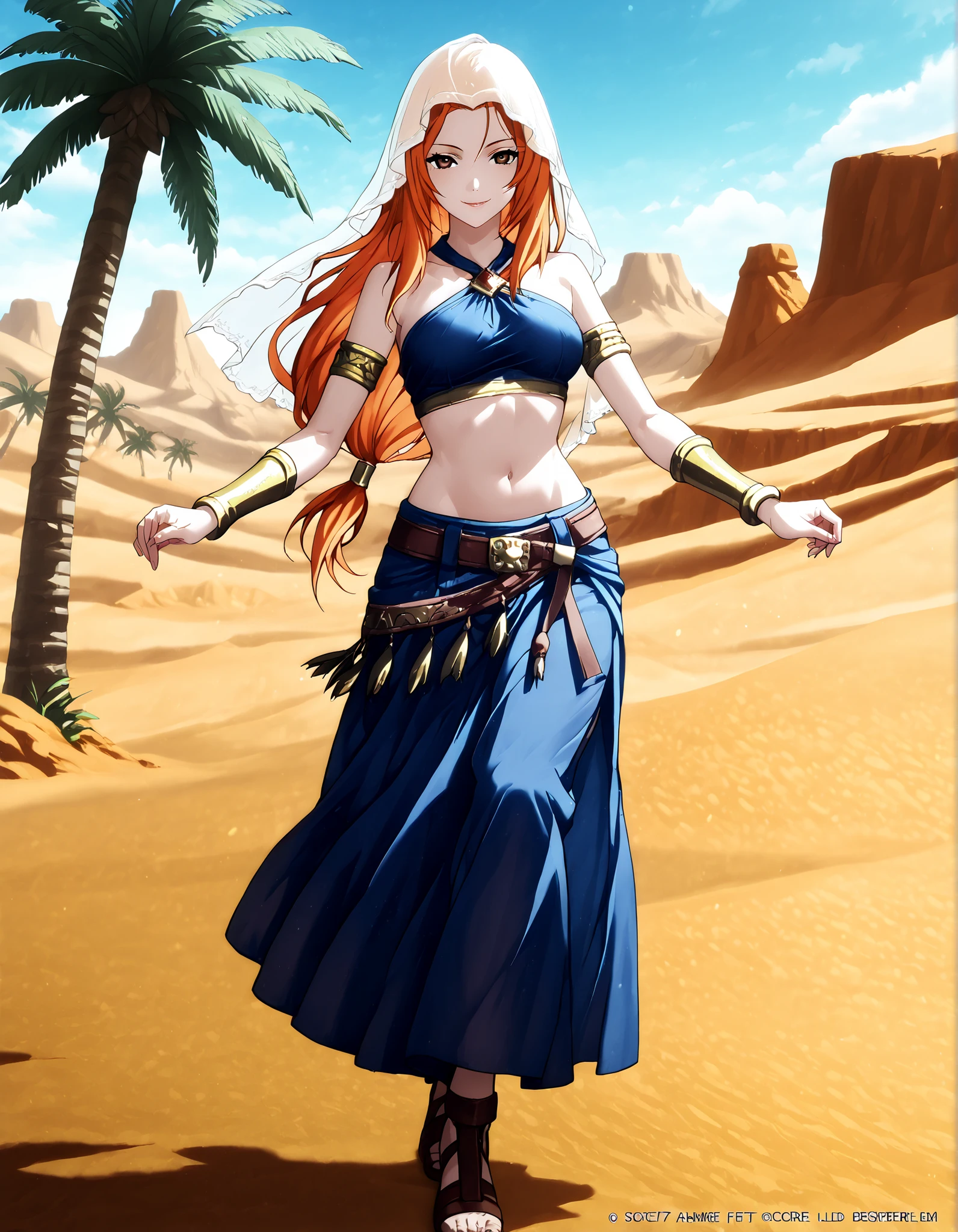 (1girl:1 . 5) , (Seul:1 . 5) , score_9 , score_8_haut , score_7_haut , source_anime , Official work , ultra-detailed , masterpiece , better quality , high resolution , beaux yeux , detailed eyes , Detailed face , beautiful detailed eyes,brown eyes, long hair, orange hair,Final Fantasy,Refia, dancer_fft,crop top, halter top, long skirt, belt,bracers, sandals, shawl,golden jewelery,armlet, belly dancing,desert lands,palm tree,seductive smile, dancing with veil, dynamic movement,dance posture, pose