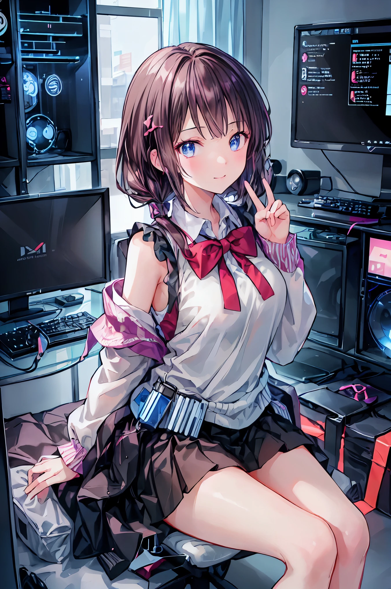 (((peace sign on the side of the face))),Candy in hand,MANIPULATE YOUR SCREEN LIKE A GAME,(((programming room interior))),EXTREME DETAIL DISPLAY,EXTREME DETAIL DRAWING,typing speedy two hands,IMMERSE YOUR SCREEN,Anime breaking through the digital space,Digital Illustration,Cyberpunk, future,cowboy shot, network ,(((PRIVATE PC ROOM))),(((giant pc monitor))),(((multiple monitors))),((operate the keyboard女の子)),ピース✌️サインをするhacker,hacker,Depict the keyboard accurately,hacked,(スイートhacker),(((is putting a keyboard on her lap))),hacker, Multi Display, Complex image displayed on a modern PC display that glows blue, complicated image displayed on a display, hitting the keyboard in the foreground,Dark Room, night,深night,((凄腕の女子高生hacker)),brown hair,shortcuts,unkempt hair,Short braided hair,Neat,slender beauty,correct posture,small breasted,beautiful legs,Enchanting Gray-Blue Eyes Shine Like Stars,Saggy Eyes,Brilliant Colors,beautiful eyes,A delicate smile,Textured Skin,Best quality at its best,gentle and beautiful woman,anime style、(Hobbies),Holding candy,candy with a different color on one eye,ゲームのように network を突破する,(((PRIVATE PC ROOM))),(((giant pc monitor))),(((multiple monitors))),((operate the keyboard)),DIVERSE IN THE DIGITAL SPACE, smile fearlessly, 最High Quality, FACE FOCUS, soft lights, ウルトラhigh resolution, (photorealistic:1.4), ORIGINAL PICTURES, 1 Japanese girl, solo, cute, (pupil, individual eye light), (Tiny Chest),(人間の肌の質感high resolutionの詳細), (long hair), blazer uniform, charcoal vest, skirt, (Upper Thigh), High Quality,4K,8K,high resolution,Masterpiece,Ultra Fine,real,フォトreal,HDR,UHD,Studio Lighting,EXTREME DETAIL DRAWING,Professional,Brilliant Colors彩,ボケ 幸せな表情の女性のhacker,Tight posture,Concentrated Expression
