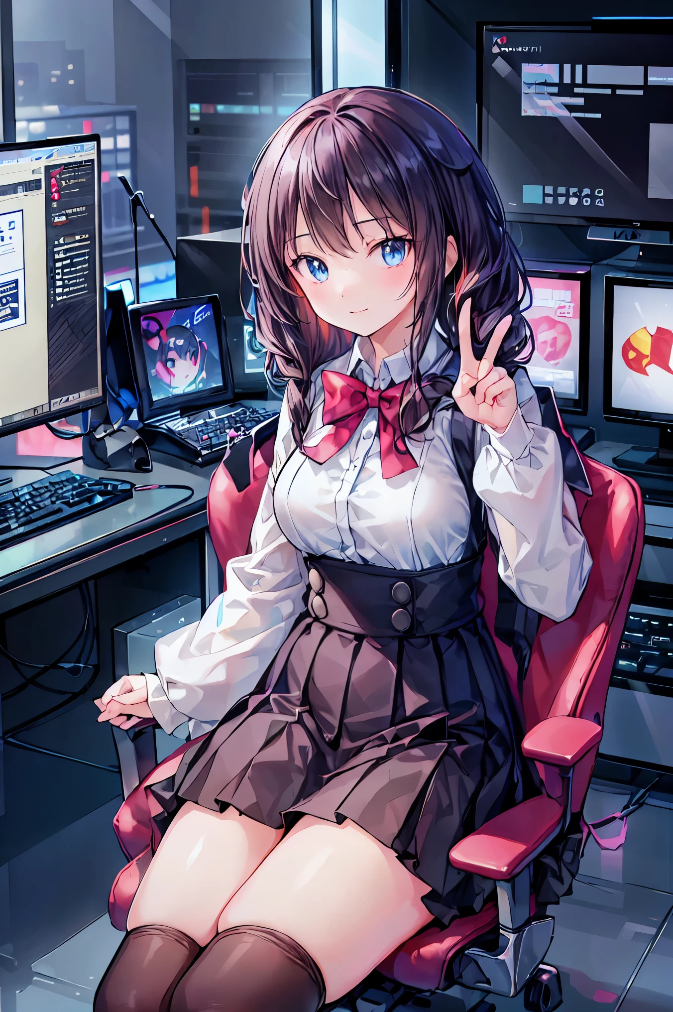 (((peace sign on the side of the face)))，Candy in hand,MANIPULATE YOUR SCREEN LIKE A GAME,(((programming room interior))),EXTREME DETAIL DISPLAY,EXTREME DETAIL DRAWING,typing speedy two hands,IMMERSE YOUR SCREEN,Anime breaking through the digital space,Digital Illustration,Cyberpunk, future,cowboy shot， network ，(((PRIVATE PC ROOM)))，(((giant pc monitor)))，(((multiple monitors)))，((operate the keyboard女の子))，ピース✌️サインをするhacker，hacker，Depict the keyboard accurately，hacked，(スイートhacker)，(((is putting a keyboard on her lap)))，hacker, Multi Display, Complex image displayed on a modern PC display that glows blue, complicated image displayed on a display, hitting the keyboard in the foreground,Dark Room, night，深night，((凄腕の女子高生hacker))，brown hair，shortcuts，unkempt hair，Short braided hair，Neat，slender beauty，correct posture，small breasted，beautiful legs，Enchanting Gray-Blue Eyes Shine Like Stars，Saggy Eyes，Brilliant Colors,beautiful eyes,A delicate smile,Textured Skin,Best quality at its best,gentle and beautiful woman,anime style､(Hobbies)，Holding candy，candy with a different color on one eye，ゲームのように network を突破する，(((PRIVATE PC ROOM)))，(((giant pc monitor)))，(((multiple monitors)))，((operate the keyboard))，DIVERSE IN THE DIGITAL SPACE， smile fearlessly， 最High Quality, FACE FOCUS, soft lights, ウルトラhigh resolution, (photorealistic:1.4), ORIGINAL PICTURES, 1 Japanese girl, solo, cute, (pupil, individual eye light), (Tiny Chest),(人間の肌の質感high resolutionの詳細), (long hair), blazer uniform, charcoal vest, skirt, (Upper Thigh)， High Quality,4K,8K,high resolution,Masterpiece,Ultra Fine,real,フォトreal,HDR,UHD,Studio Lighting,EXTREME DETAIL DRAWING,Professional,Brilliant Colors彩,ボケ 幸せな表情の女性のhacker,Tight posture,Concentrated Expression