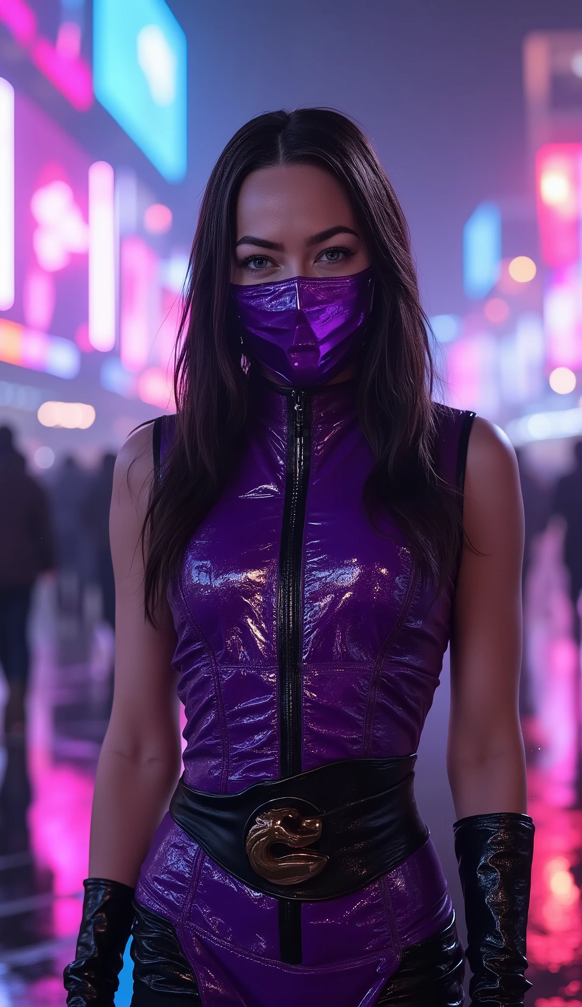 Mileena from Mortal Kombat Modern tactical purple costume, purple metallic mask covering only the mouth with a slight glow. Background shows Brazilia in Brazil at night with LED panels, crowd and light rain. Realistic reflections on wet ground. e carros