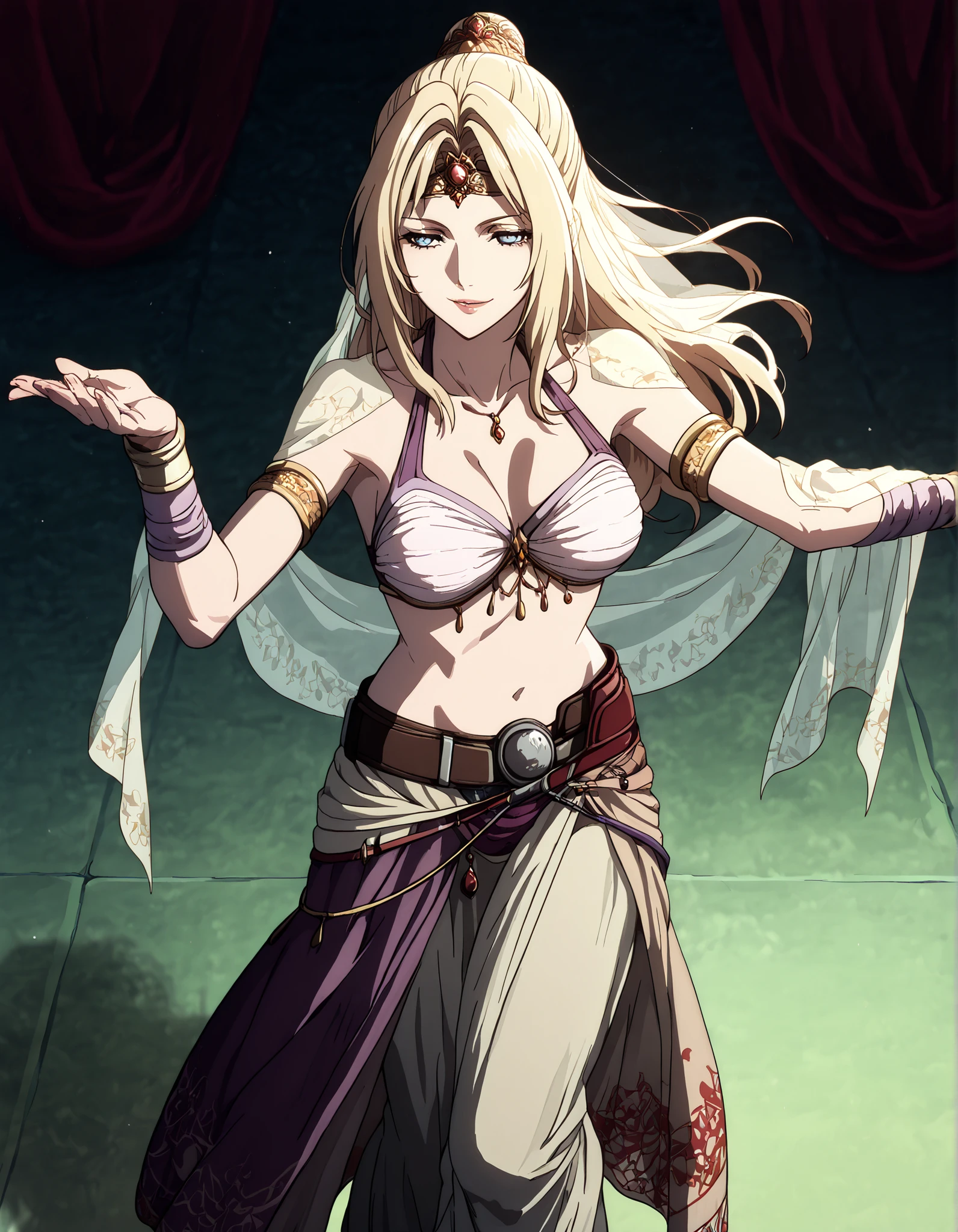 (1girl:1 . 5) , (Seul:1 . 5) , score_9 , score_8_haut , score_7_haut , source_anime , Official work , ultra-detailed , masterpiece , better quality , high resolution , beaux yeux , detailed eyes , Detailed face , beautiful detailed eyes,blonde hair, long hair, half updo, blue eyes,Final Fantasy,Rosa Farrell, dancer_fft,crop top, halter top, long skirt, belt,bracers, sandals, shawl,golden jewelery,armlet, belly dancing,arabian theater,seductive smile, dancing with veil, dynamic movement,dance posture, pose