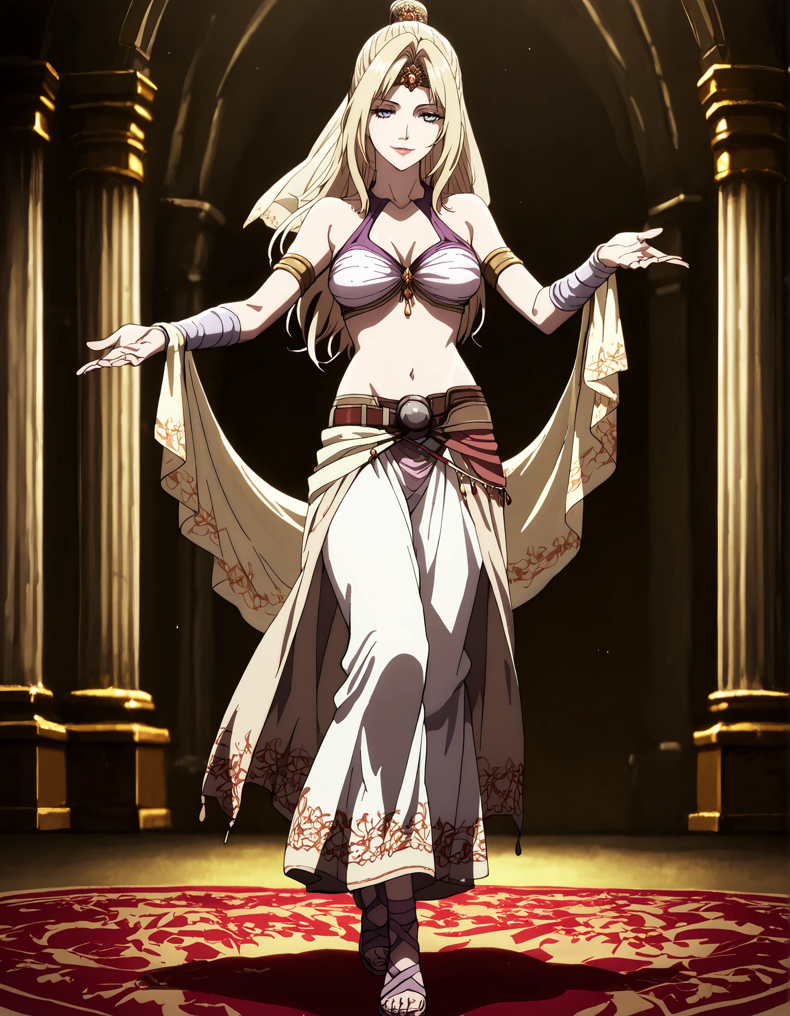 (1girl:1 . 5) , (Seul:1 . 5) , score_9 , score_8_haut , score_7_haut , source_anime , Official work , ultra-detailed , masterpiece , better quality , high resolution , beaux yeux , detailed eyes , Detailed face , beautiful detailed eyes,blonde hair, long hair, half updo, blue eyes,Final Fantasy,Rosa Farrell, dancer_fft,crop top, halter top, long skirt, belt,bracers, sandals, shawl,golden jewelery,armlet, belly dancing,arabian theater,seductive smile, dancing with veil, dynamic movement,dance posture, pose