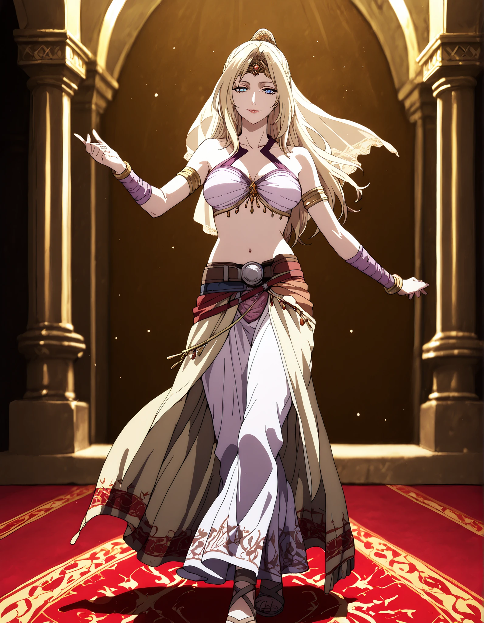 (1girl:1 . 5) , (Seul:1 . 5) , score_9 , score_8_haut , score_7_haut , source_anime , Official work , ultra-detailed , masterpiece , better quality , high resolution , beaux yeux , detailed eyes , Detailed face , beautiful detailed eyes,blonde hair, long hair, half updo, blue eyes,Final Fantasy,Rosa Farrell, dancer_fft,crop top, halter top, long skirt, belt,bracers, sandals, shawl,golden jewelery,armlet, belly dancing,arabian theater,seductive smile, dancing with veil, dynamic movement,dance posture, pose