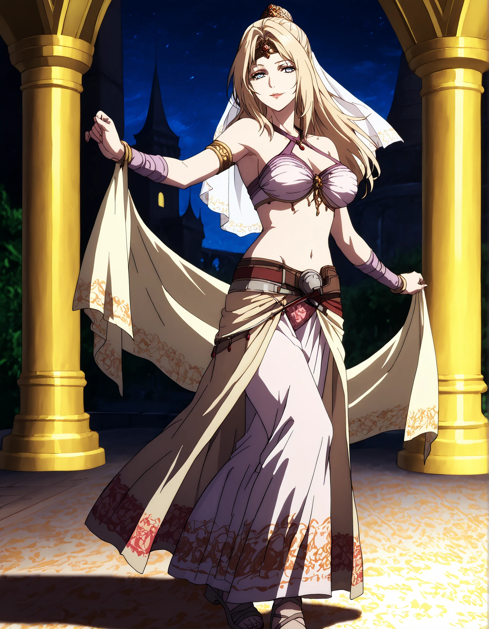 (1girl:1 . 5) , (Seul:1 . 5) , score_9 , score_8_haut , score_7_haut , source_anime , Official work , ultra-detailed , masterpiece , better quality , high resolution , beaux yeux , detailed eyes , Detailed face , beautiful detailed eyes,blonde hair, long hair, half updo, blue eyes,Final Fantasy,Rosa Farrell, dancer_fft,crop top, halter top, long skirt, belt,bracers, sandals, shawl,golden jewelery,armlet, belly dancing,night,arabian garden,seductive smile, dancing with veil, dynamic movement,dance posture, pose