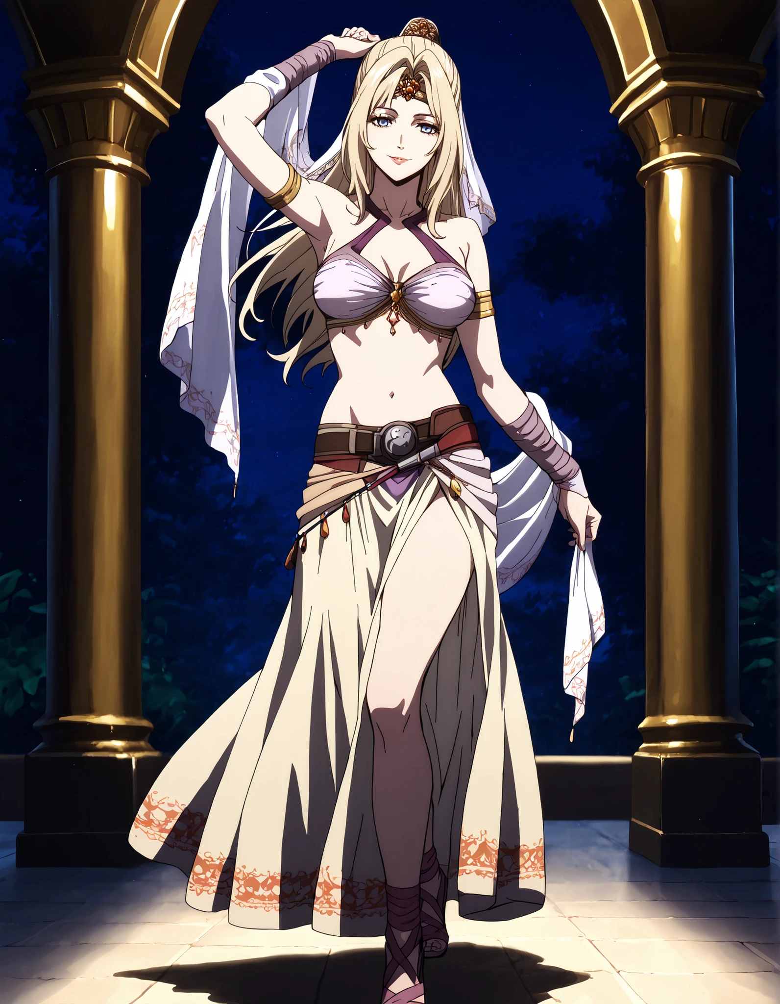 (1girl:1 . 5) , (Seul:1 . 5) , score_9 , score_8_haut , score_7_haut , source_anime , Official work  , ultra-detailed , masterpiece , better quality , high resolution , beaux yeux , detailed eyes , Detailed face , beautiful detailed eyes,blonde hair, long hair, half updo, blue eyes,Final Fantasy,Rosa Farrell, dancer_fft,crop top, halter top, long skirt, belt,bracers, sandals, shawl,golden jewelery,armlet, belly dancing,night,arabian garden,seductive smile, dancing with veil, dynamic movement,dance posture,  pose