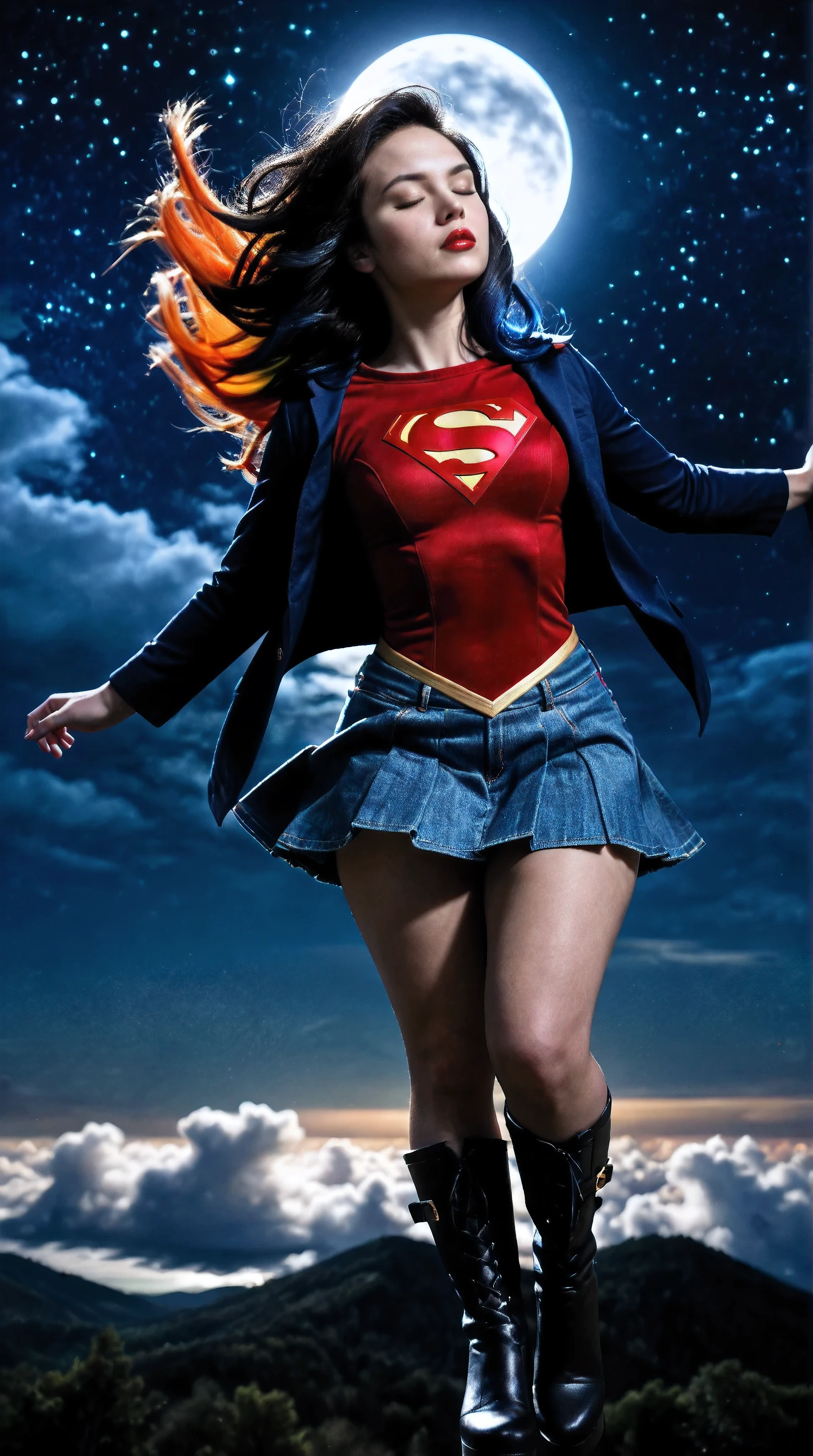 two-tone hair, forehead,((nezuko kamado:1.2)), realistic full body portrait in dynamic pose, ((serious and arrogant expression:1.3)), ((eyes closed)), ((Very thick and small bright red lips:1.3)), ((narrow waist:1.4)), (((extremely wide and curvilinear hips))), (((thick thighs:1.4))), ((Floating very high above the clouds with the moon in the background:1.5)), ((She wears a beautiful and sexy Supergirl short dress with pleated denim skirt:1.3)), ((Platform go-go boots: 1.2)), ((Two-tone hair messy in the very long wind:1.2)), (( moonlighting , starry sky, Milky Way in the Sky:1.4)), ultra realistic leather and fabric texture, Ultra-high resolution 8K, photorealistic style --v 5 --ar 9:16 -style 750