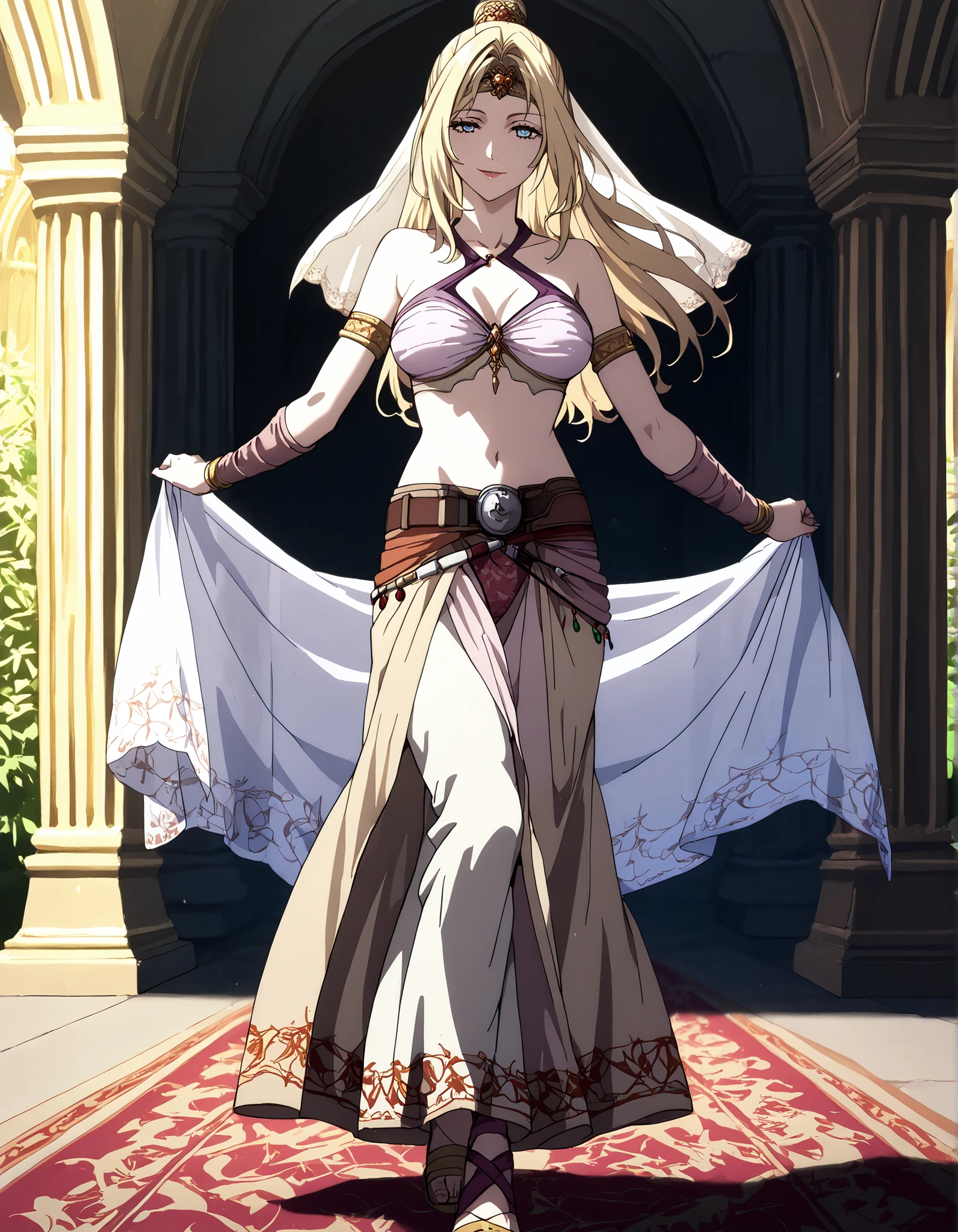 (1girl:1 . 5) , (Seul:1 . 5) , score_9 , score_8_haut , score_7_haut , source_anime , Official work , ultra-detailed , masterpiece , better quality , high resolution , beaux yeux , detailed eyes , Detailed face , beautiful detailed eyes,blonde hair, long hair, half updo, blue eyes,Final Fantasy,Rosa Farrell, dancer_fft,crop top, halter top, long skirt, belt,bracers, sandals, shawl,golden jewelery,armlet, belly dancing,arabian garden,seductive smile, dancing with veil, dynamic movement,dance posture, pose