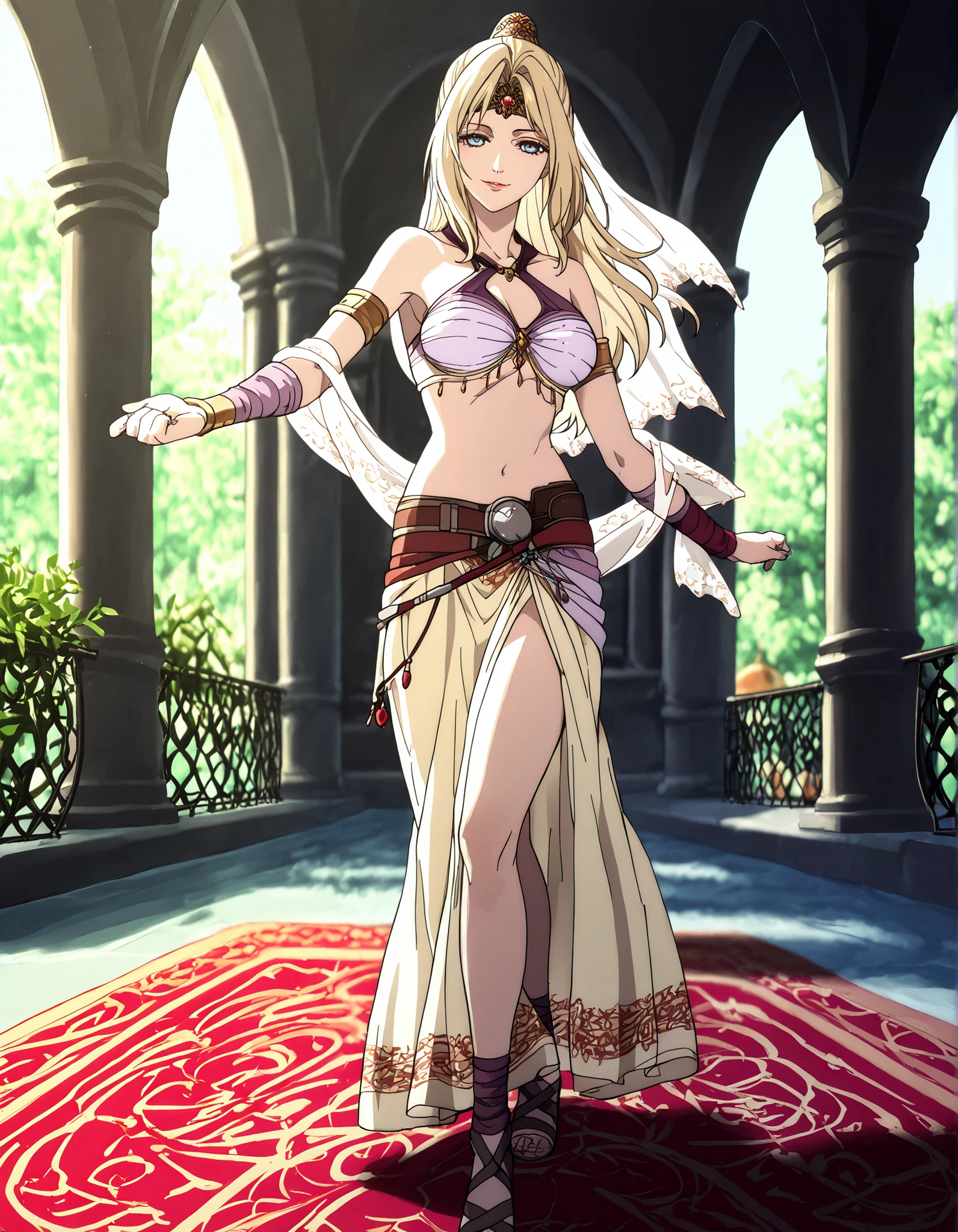 (1girl:1 . 5) , (Seul:1 . 5) , score_9 , score_8_haut , score_7_haut , source_anime , Official work , ultra-detailed , masterpiece , better quality , high resolution , beaux yeux , detailed eyes , Detailed face , beautiful detailed eyes,blonde hair, long hair, half updo, blue eyes,Final Fantasy,Rosa Farrell, dancer_fft,crop top, halter top, long skirt, belt,bracers, sandals, shawl,golden jewelery,armlet, belly dancing,arabian garden,seductive smile, dancing with veil, dynamic movement,dance posture, pose
