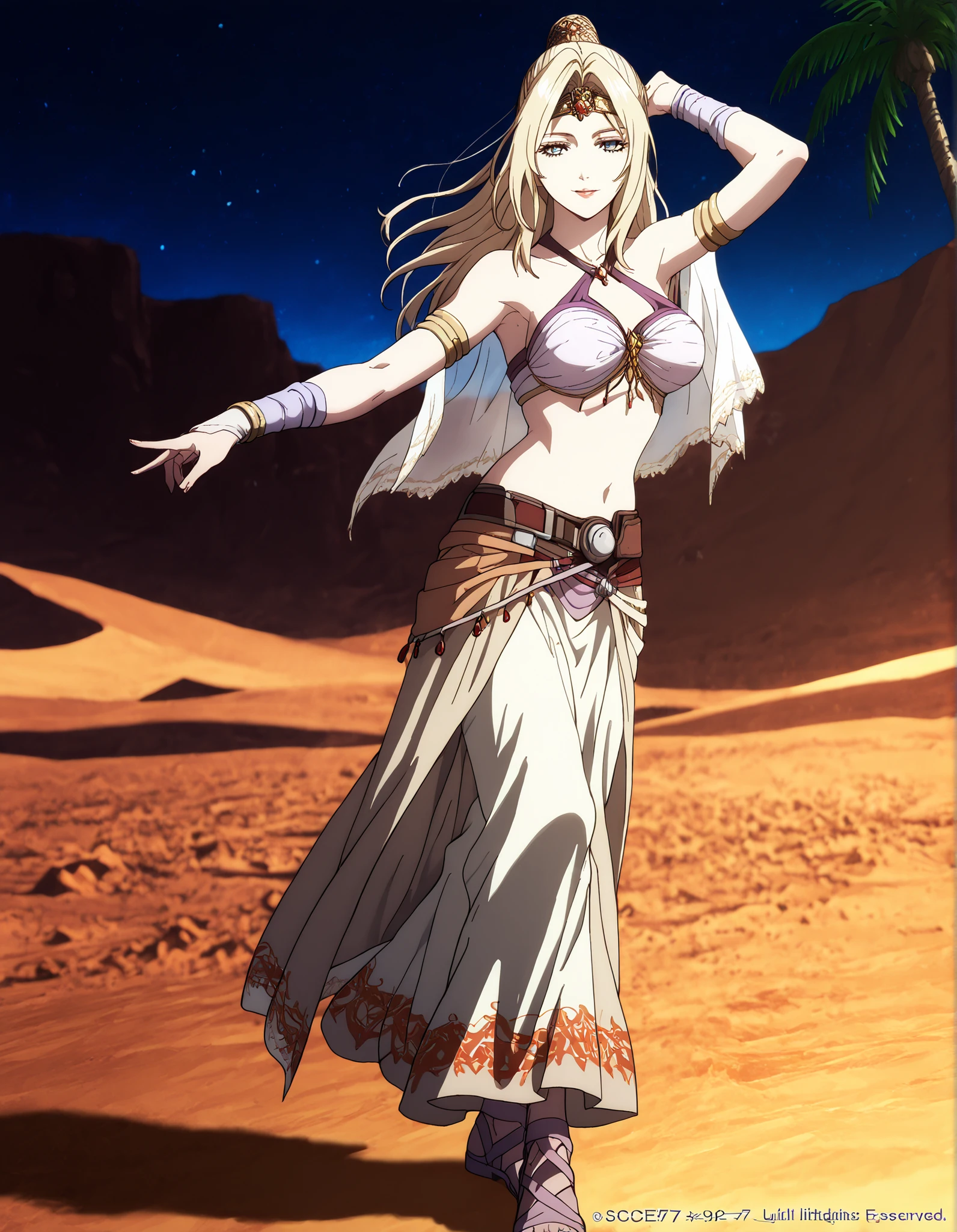 (1girl:1 . 5) , (Seul:1 . 5) , score_9 , score_8_haut , score_7_haut , source_anime , Official work , ultra-detailed , masterpiece , better quality , high resolution , beaux yeux , detailed eyes , Detailed face , beautiful detailed eyes,blonde hair, long hair, half updo, blue eyes,Final Fantasy,Rosa Farrell, dancer_fft,crop top, halter top, long skirt, belt,bracers, sandals, shawl,golden jewelery,armlet, belly dancing,night,desert lands,palm tree,seductive smile, dancing with veil, dynamic movement,dance posture, pose