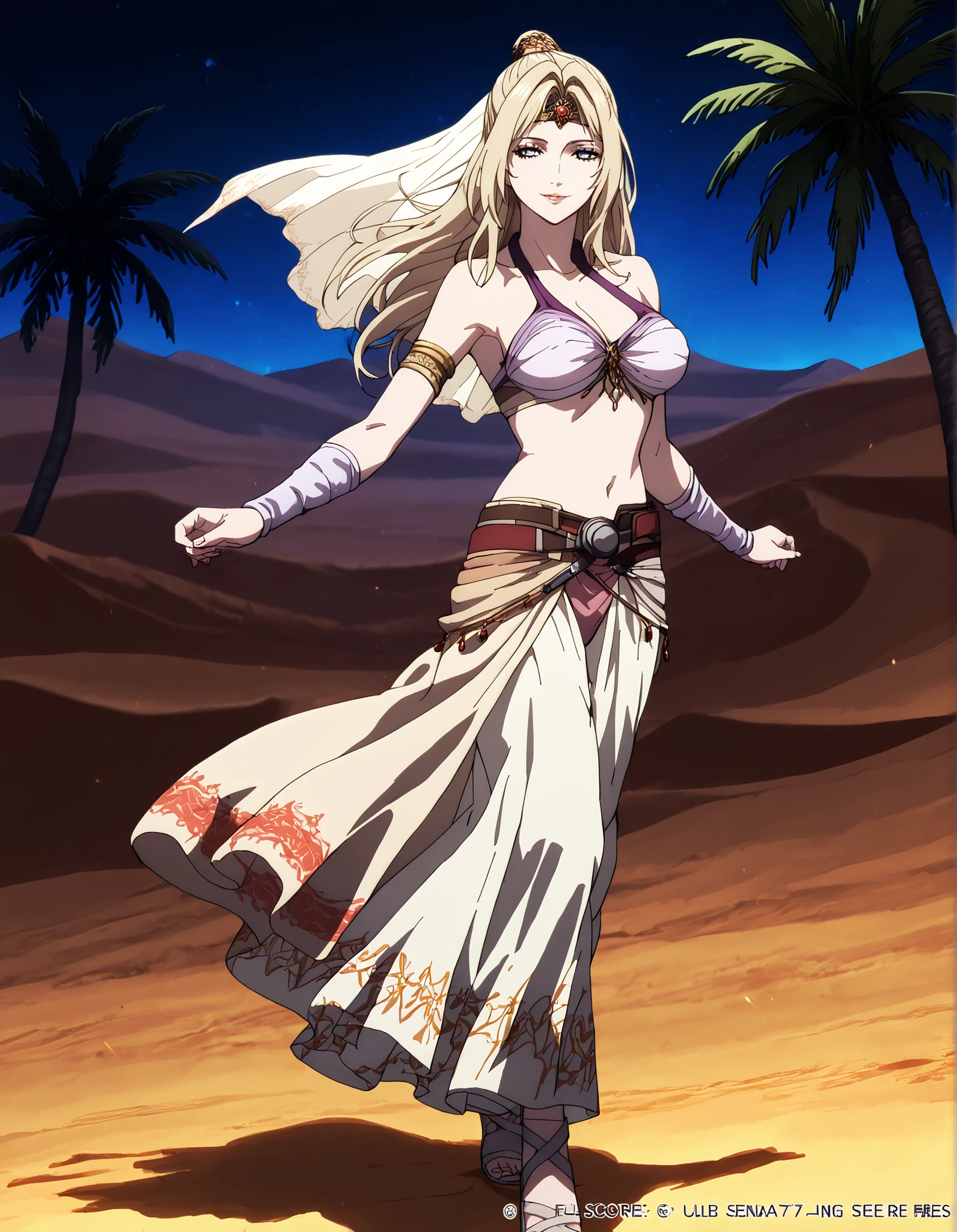 (1girl:1 . 5) , (Seul:1 . 5) , score_9 , score_8_haut , score_7_haut , source_anime , Official work , ultra-detailed , masterpiece , better quality , high resolution , beaux yeux , detailed eyes , Detailed face , beautiful detailed eyes,blonde hair, long hair, half updo, blue eyes,Final Fantasy,Rosa Farrell, dancer_fft,crop top, halter top, long skirt, belt,bracers, sandals, shawl,golden jewelery,armlet, belly dancing,night,desert lands,palm tree,seductive smile, dancing with veil, dynamic movement,dance posture, pose
