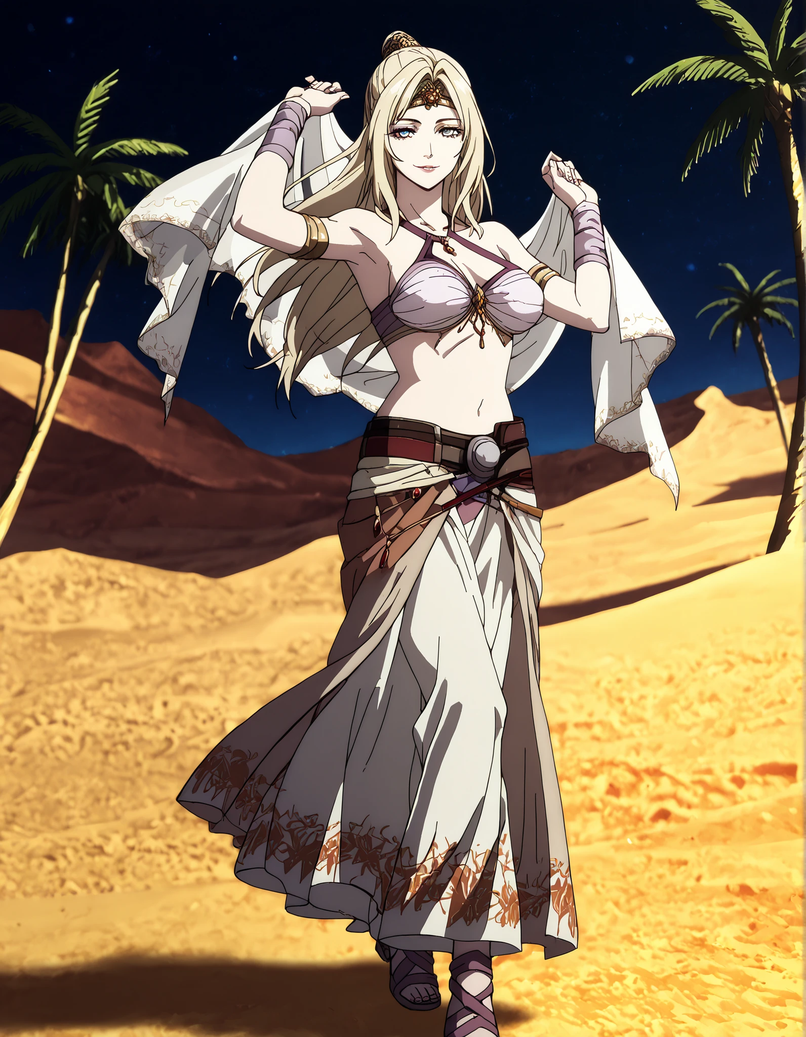 (1girl:1 . 5) , (Seul:1 . 5) , score_9 , score_8_haut , score_7_haut , source_anime , Official work , ultra-detailed , masterpiece , better quality , high resolution , beaux yeux , detailed eyes , Detailed face , beautiful detailed eyes,blonde hair, long hair, half updo, blue eyes,Final Fantasy,Rosa Farrell, dancer_fft,crop top, halter top, long skirt, belt,bracers, sandals, shawl,golden jewelery,armlet, belly dancing,night,desert lands,palm tree,seductive smile, dancing with veil, dynamic movement,dance posture, pose