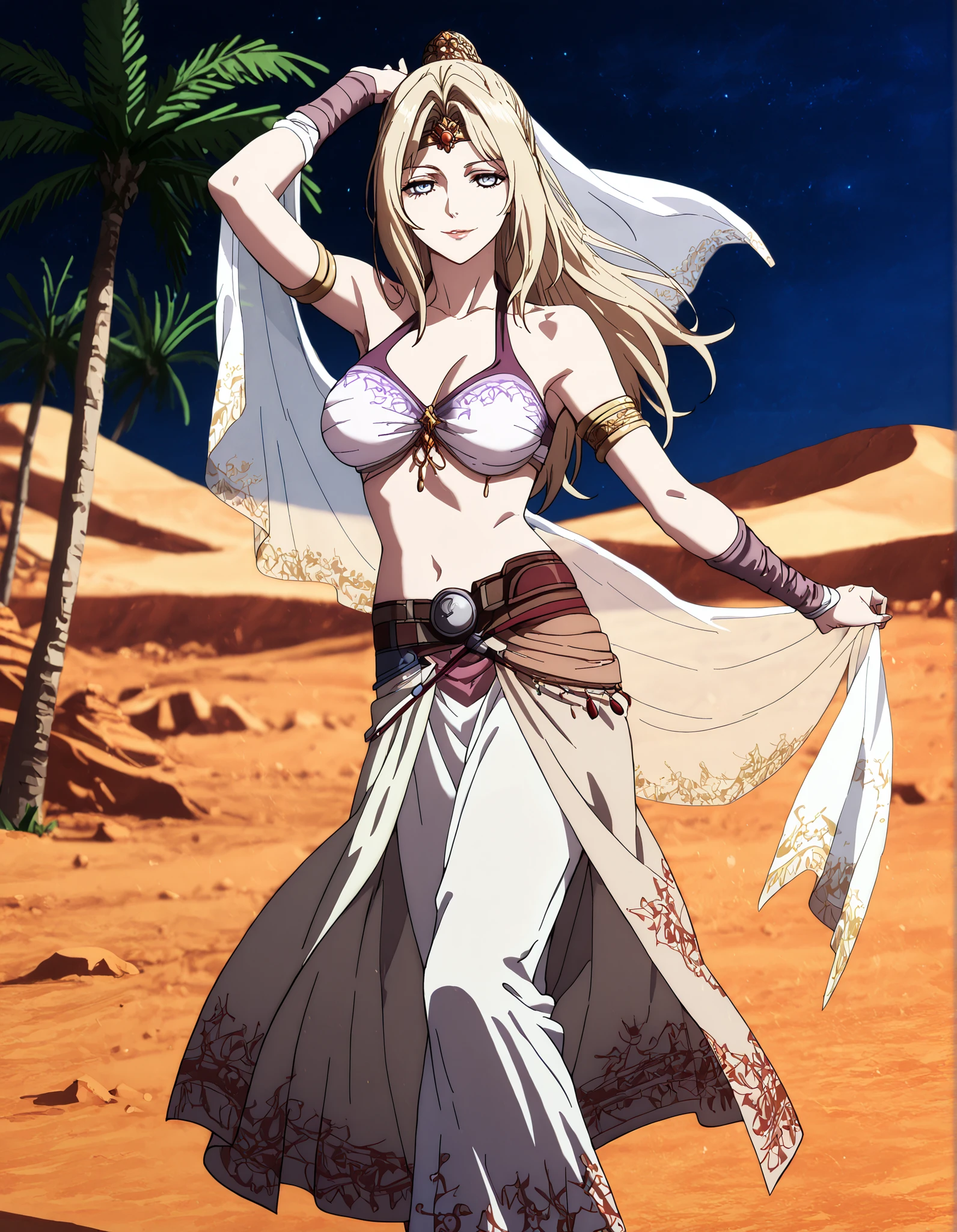 (1girl:1 . 5) , (Seul:1 . 5) , score_9 , score_8_haut , score_7_haut , source_anime , Official work  , ultra-detailed , masterpiece , better quality , high resolution , beaux yeux , detailed eyes , Detailed face , beautiful detailed eyes,blonde hair, long hair, half updo, blue eyes,Final Fantasy,Rosa Farrell, dancer_fft,crop top, halter top, long skirt, belt,bracers, sandals, shawl,golden jewelery,armlet, belly dancing,night,desert lands,palm tree,seductive smile, dancing with veil, dynamic movement,dance posture,  pose