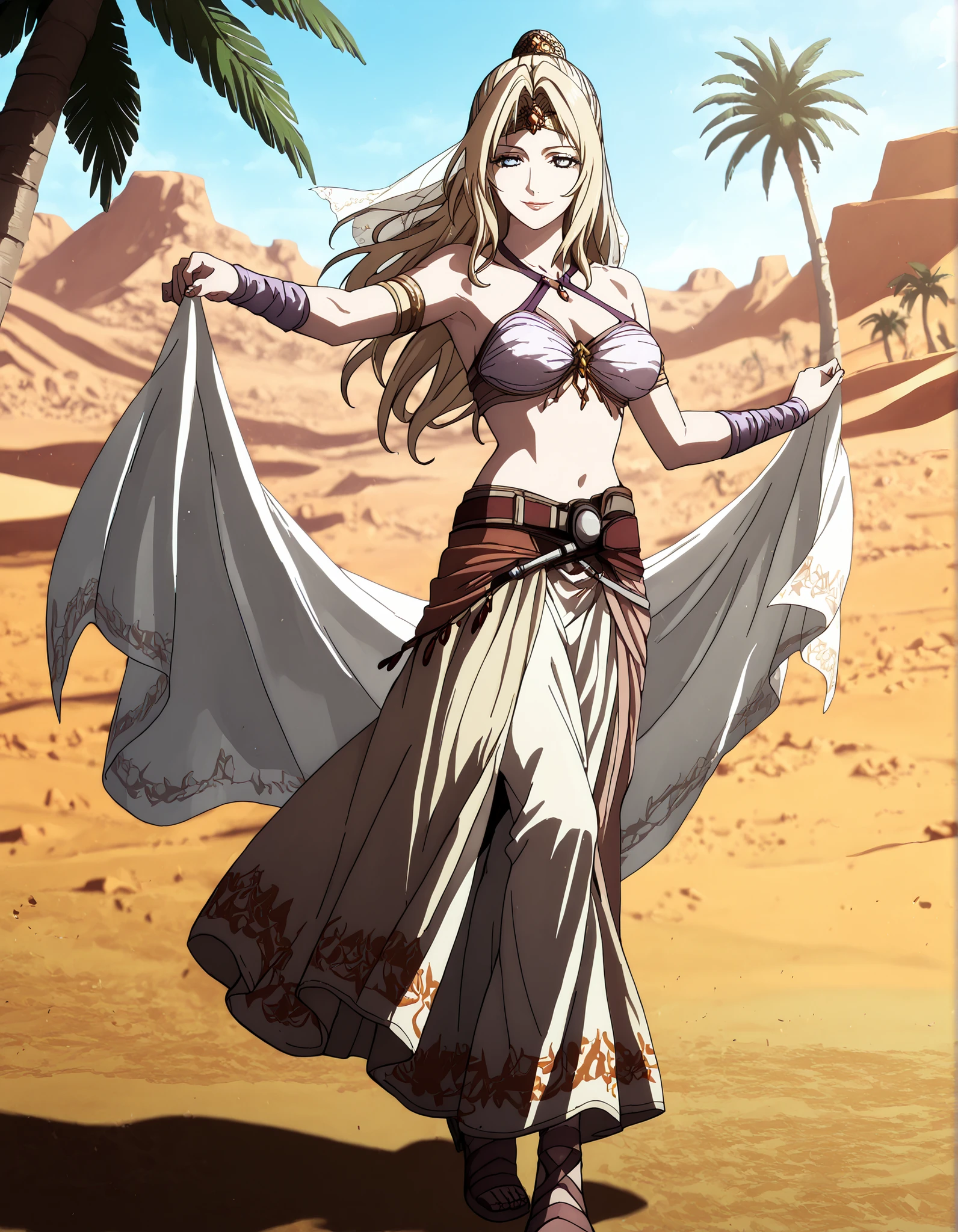 (1girl:1 . 5) , (Seul:1 . 5) , score_9 , score_8_haut , score_7_haut , source_anime , Official work , ultra-detailed , masterpiece , better quality , high resolution , beaux yeux , detailed eyes , Detailed face , beautiful detailed eyes,blonde hair, long hair, half updo, blue eyes,Final Fantasy,Rosa Farrell, dancer_fft,crop top, halter top, long skirt, belt,bracers, sandals, shawl,golden jewelery,armlet, belly dancing,desert lands,palm tree,seductive smile, dancing with veil, dynamic movement,dance posture, pose