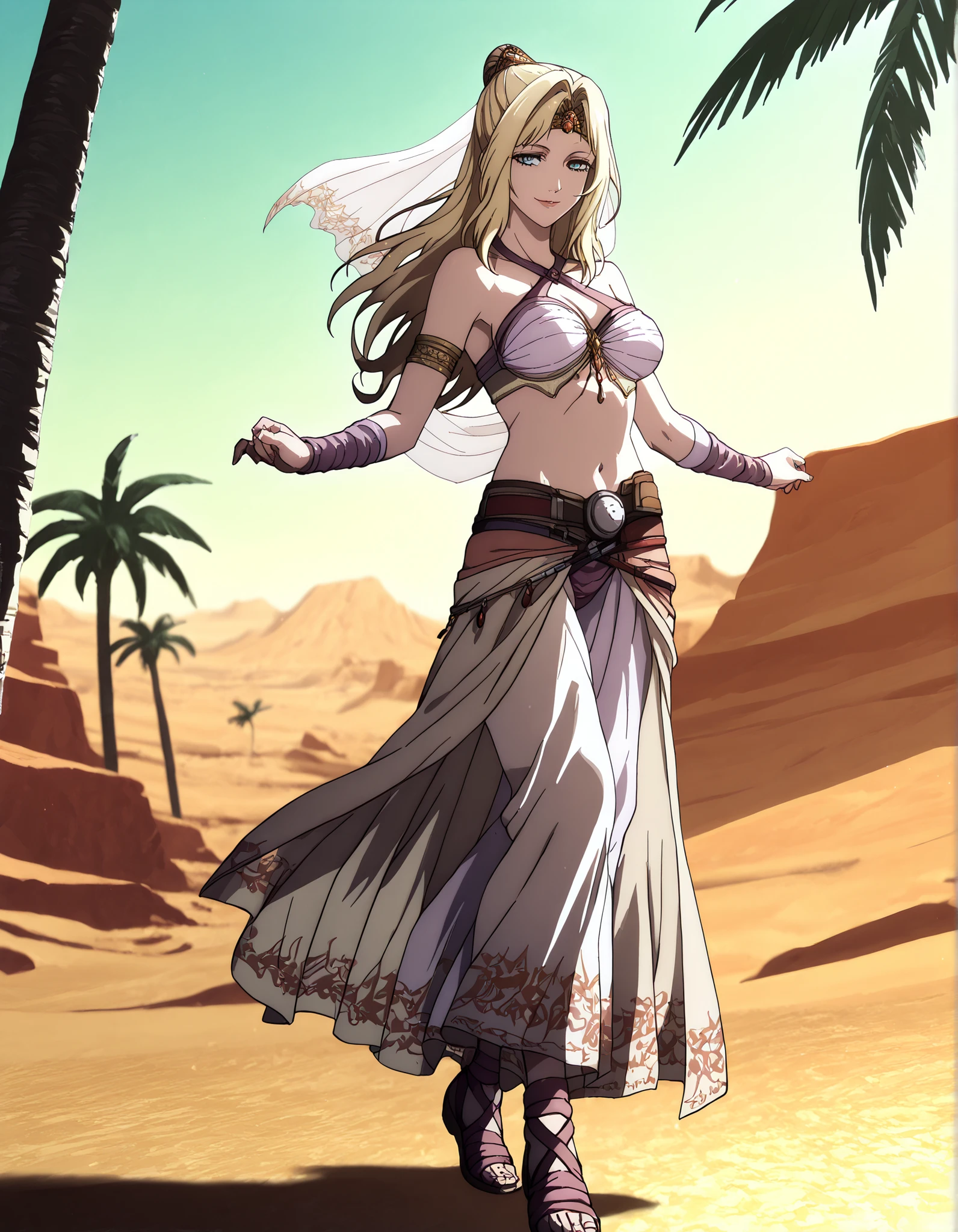 (1girl:1 . 5) , (Seul:1 . 5) , score_9 , score_8_haut , score_7_haut , source_anime , Official work , ultra-detailed , masterpiece , better quality , high resolution , beaux yeux , detailed eyes , Detailed face , beautiful detailed eyes,blonde hair, long hair, half updo, blue eyes,Final Fantasy,Rosa Farrell, dancer_fft,crop top, halter top, long skirt, belt,bracers, sandals, shawl,golden jewelery,armlet, belly dancing,desert lands,palm tree,seductive smile, dancing with veil, dynamic movement,dance posture, pose
