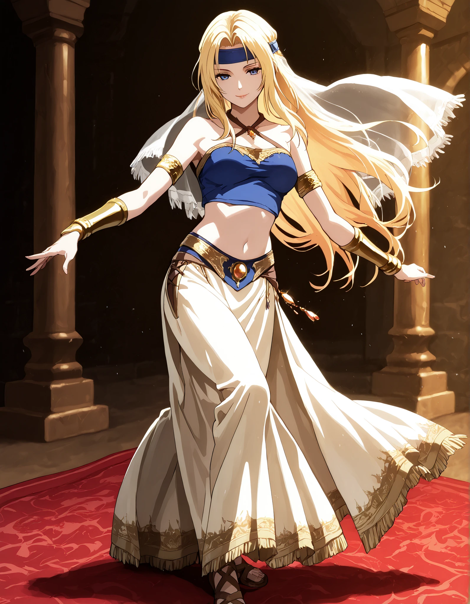 (1girl:1 . 5) , (Seul:1 . 5) , score_9 , score_8_haut , score_7_haut , source_anime , Official work , ultra-detailed , masterpiece , better quality , high resolution , beaux yeux , detailed eyes , Detailed face , beautiful detailed eyes,blonde hair, long hair, parted bangs, blue eyes,Final Fantasy,Celes Chere, dancer_fft,crop top, halter top, long skirt, belt,bracers, sandals, shawl,golden jewelery,armlet, belly dancing,arabian theater,seductive smile, dancing with veil, dynamic movement,dance posture, seductive pose