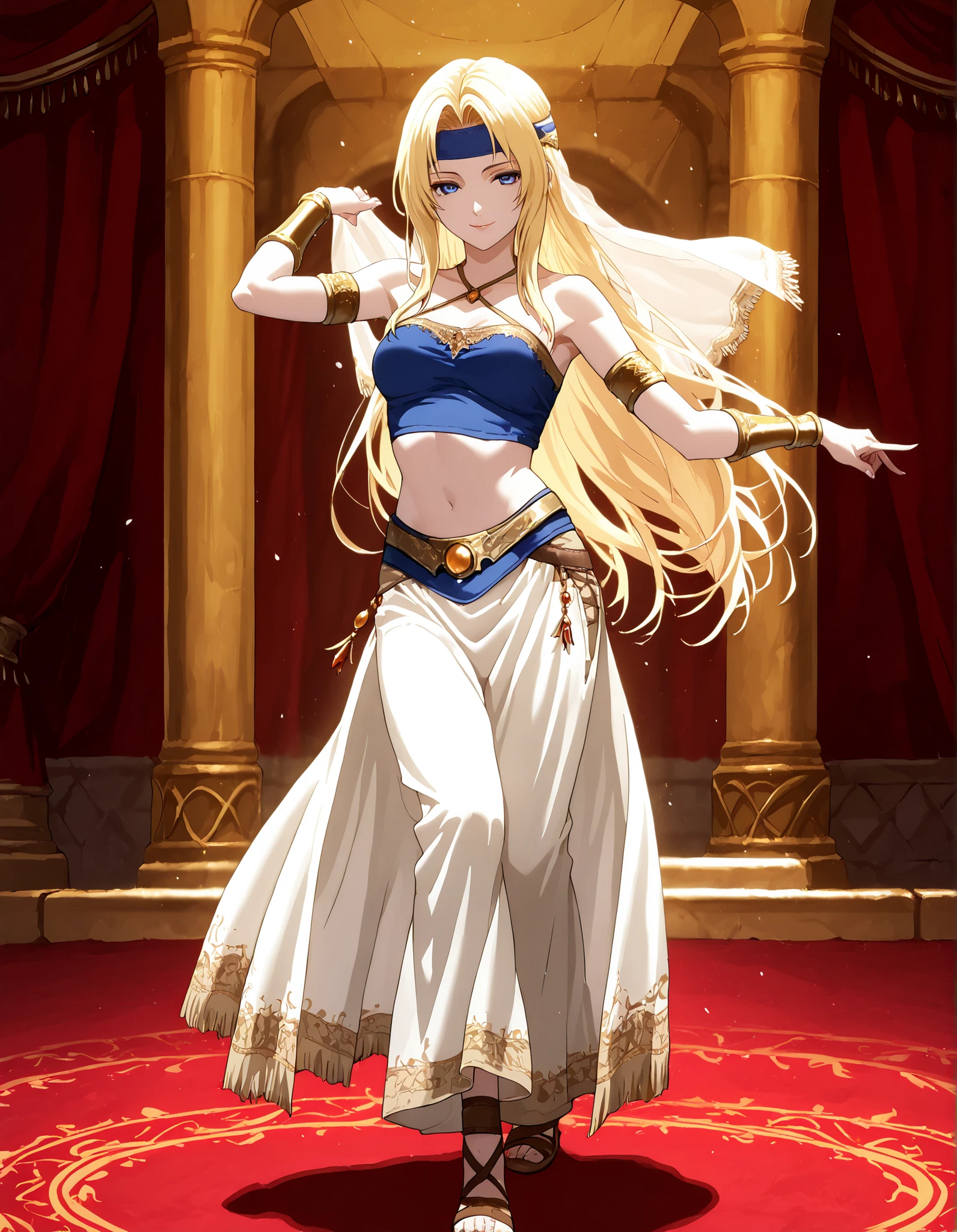 (1girl:1 . 5) , (Seul:1 . 5) , score_9 , score_8_haut , score_7_haut , source_anime , Official work , ultra-detailed , masterpiece , better quality , high resolution , beaux yeux , detailed eyes , Detailed face , beautiful detailed eyes,blonde hair, long hair, parted bangs, blue eyes,Final Fantasy,Celes Chere, dancer_fft,crop top, halter top, long skirt, belt,bracers, sandals, shawl,golden jewelery,armlet, belly dancing,arabian theater,seductive smile, dancing with veil, dynamic movement,dance posture, seductive pose