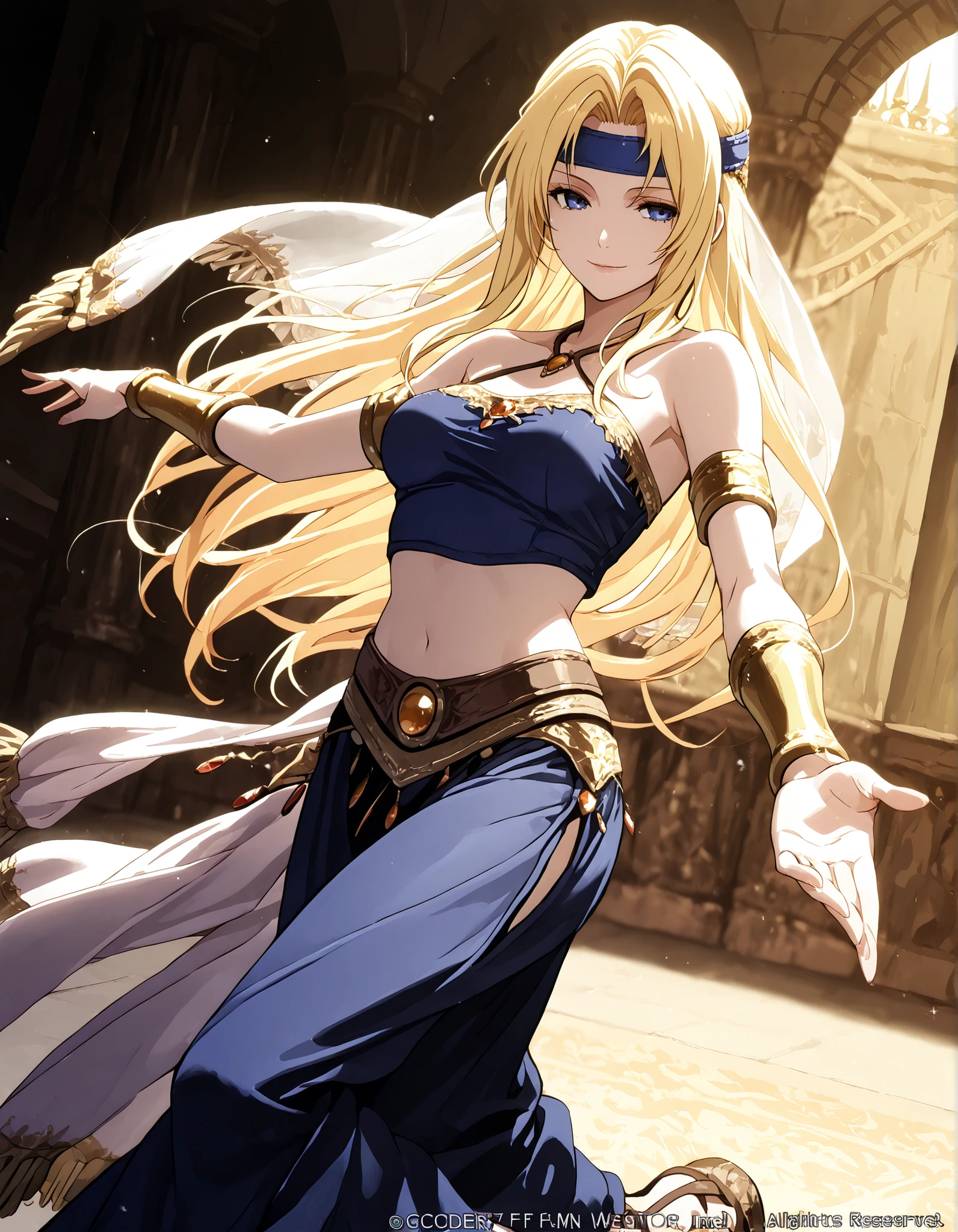 (1girl:1 . 5) , (Seul:1 . 5) , score_9 , score_8_haut , score_7_haut , source_anime , Official work , ultra-detailed , masterpiece , better quality , high resolution , beaux yeux , detailed eyes , Detailed face , beautiful detailed eyes,blonde hair, long hair, parted bangs, blue eyes,Final Fantasy,Celes Chere, dancer_fft,crop top, halter top, long skirt, belt,bracers, sandals, shawl,golden jewelery,armlet, belly dancing,arabian theater,seductive smile, dancing with veil, dynamic movement,dance posture, seductive pose