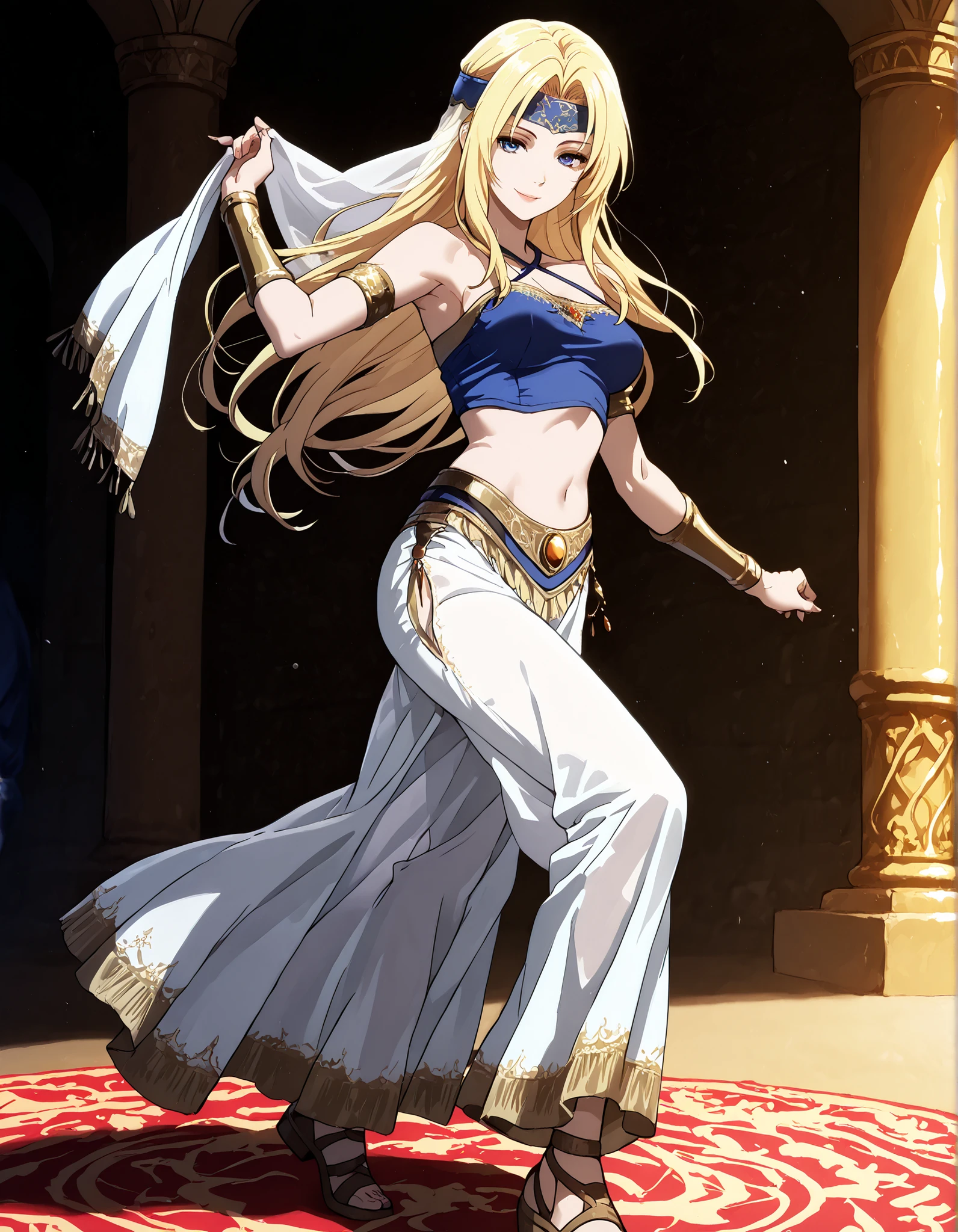 (1girl:1 . 5) , (Seul:1 . 5) , score_9 , score_8_haut , score_7_haut , source_anime , Official work , ultra-detailed , masterpiece , better quality , high resolution , beaux yeux , detailed eyes , Detailed face , beautiful detailed eyes,blonde hair, long hair, parted bangs, blue eyes,Final Fantasy,Celes Chere, dancer_fft,crop top, halter top, long skirt, belt,bracers, sandals, shawl,golden jewelery,armlet, belly dancing,arabian theater,seductive smile, dancing with veil, dynamic movement,dance posture, seductive pose