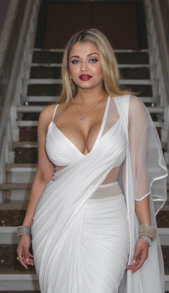 "Descreva uma cena em que uma mulher, aproximadamente com 62 anos, is walking up a flight of stairs wearing a  Empire Dress. Your look is elegant, com destaque para a sua figura em forma. She has an attractive and confident presence. A mulher continua a mostrar sua beleza aos 63 anos, exibindo uma silhueta thicc e mantendo-se super atraente. Chegando aos 64 anos, She wears a  Empire Cut Dress, revealing a mature and charming presence, without losing elegance. The focus is on highlighting your beautiful body, confidence and charm of women at different stages of life, mantendo uma abordagem respeitosa e elegante."