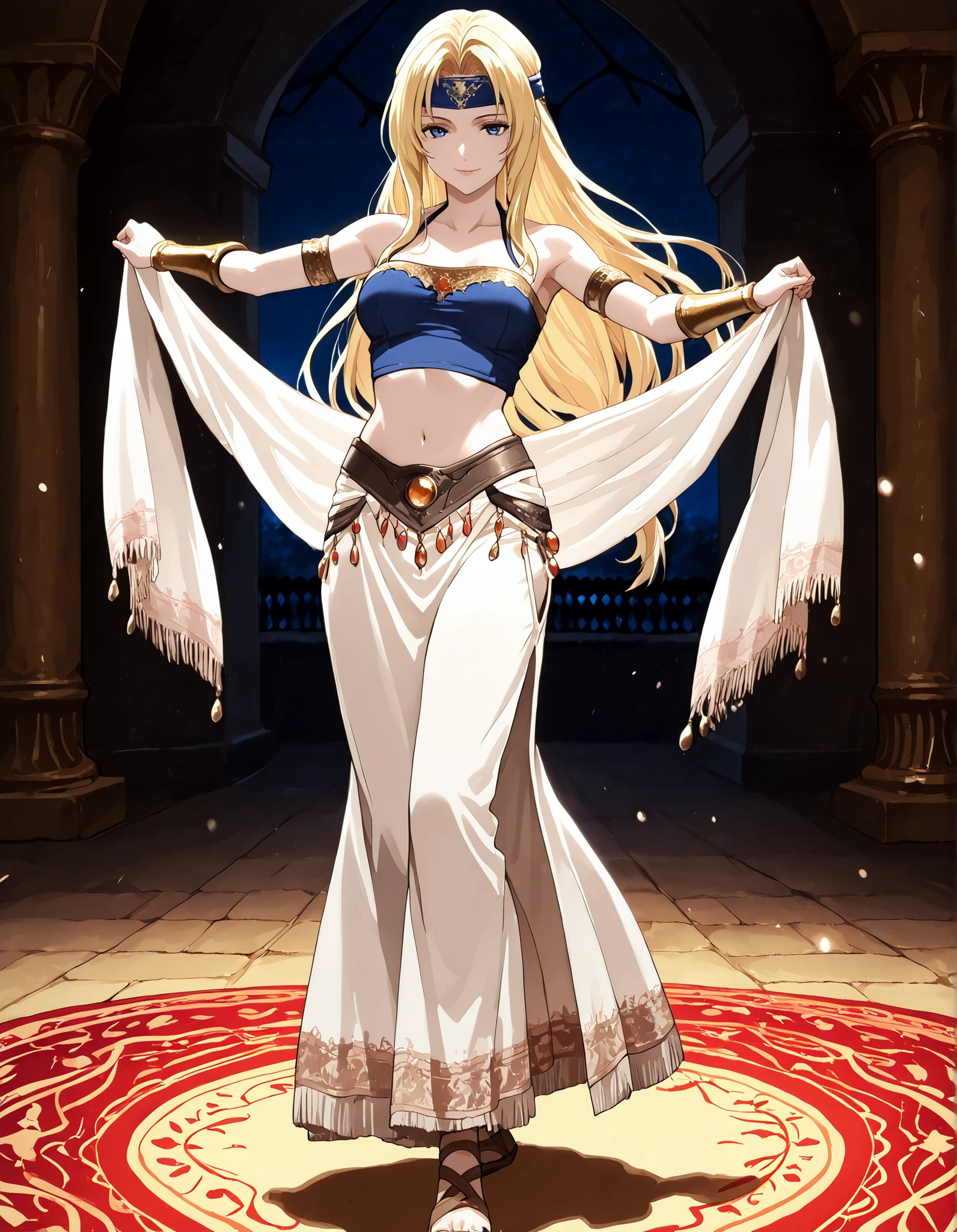 (1girl:1 . 5) , (Seul:1 . 5) , score_9 , score_8_haut , score_7_haut , source_anime , Official work , ultra-detailed , masterpiece , better quality , high resolution , beaux yeux , detailed eyes , Detailed face , beautiful detailed eyes,blonde hair, long hair, parted bangs, blue eyes,Final Fantasy,Celes Chere, dancer_fft,crop top, halter top, long skirt, belt,bracers, sandals, shawl,golden jewelery,armlet, belly dancing,night,arabian garden,seductive smile, dancing with veil, dynamic movement,dance posture, seductive pose