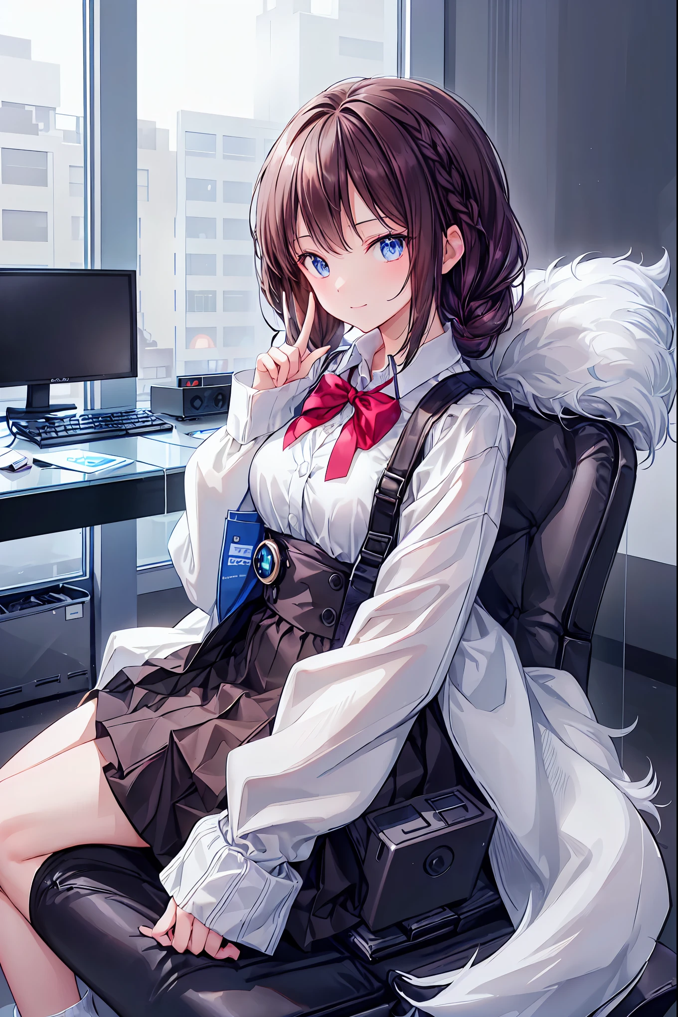 (((peace sign on the side of the face))),Candy in hand,MANIPULATE YOUR SCREEN LIKE A GAME,(((programming room interior))),EXTREME DETAIL DISPLAY,EXTREME DETAIL DRAWING,typing speedy two hands,IMMERSE YOUR SCREEN,Anime breaking through the digital space,Digital Illustration,Cyberpunk, future,cowboy shot, network ,(((PRIVATE PC ROOM))),(((giant pc monitor))),(((multiple monitors))),((operate the keyboard女の子)),ピース✌️サインをするhacker,hacker,Depict the keyboard accurately,hacked,(スイートhacker),(((is putting a keyboard on her lap))),hacker, Multi Display, Complex image displayed on a modern PC display that glows blue, complicated image displayed on a display, hitting the keyboard in the foreground,Dark Room, night,深night,((凄腕の女子高生hacker)),brown hair,shortcuts,unkempt hair,Short braided hair,Neat,slender beauty,correct posture,small breasted,beautiful legs,Enchanting Gray-Blue Eyes Shine Like Stars,Saggy Eyes,Brilliant Colors,beautiful eyes,A delicate smile,Textured Skin,Best quality at its best,gentle and beautiful woman,anime style、(Hobbies),Holding candy,candy with a different color on one eye,ゲームのように network を突破する,(((PRIVATE PC ROOM))),(((giant pc monitor))),(((multiple monitors))),((operate the keyboard)),DIVERSE IN THE DIGITAL SPACE, smile fearlessly, 最High Quality, FACE FOCUS, soft lights, ウルトラhigh resolution, (photorealistic:1.4), ORIGINAL PICTURES, 1 Japanese girl, solo, cute, (pupil, individual eye light), (Tiny ),(人間の肌の質感high resolutionの詳細), (long hair), blazer uniform, charcoal vest, skirt, (Upper Thigh), High Quality,4K,8K,high resolution,Masterpiece,Ultra Fine,real,フォトreal,HDR,UHD,Studio Lighting,EXTREME DETAIL DRAWING,Professional,Brilliant Colors彩,ボケ 幸せな表情の女性のhacker,Tight posture,Concentrated Expression