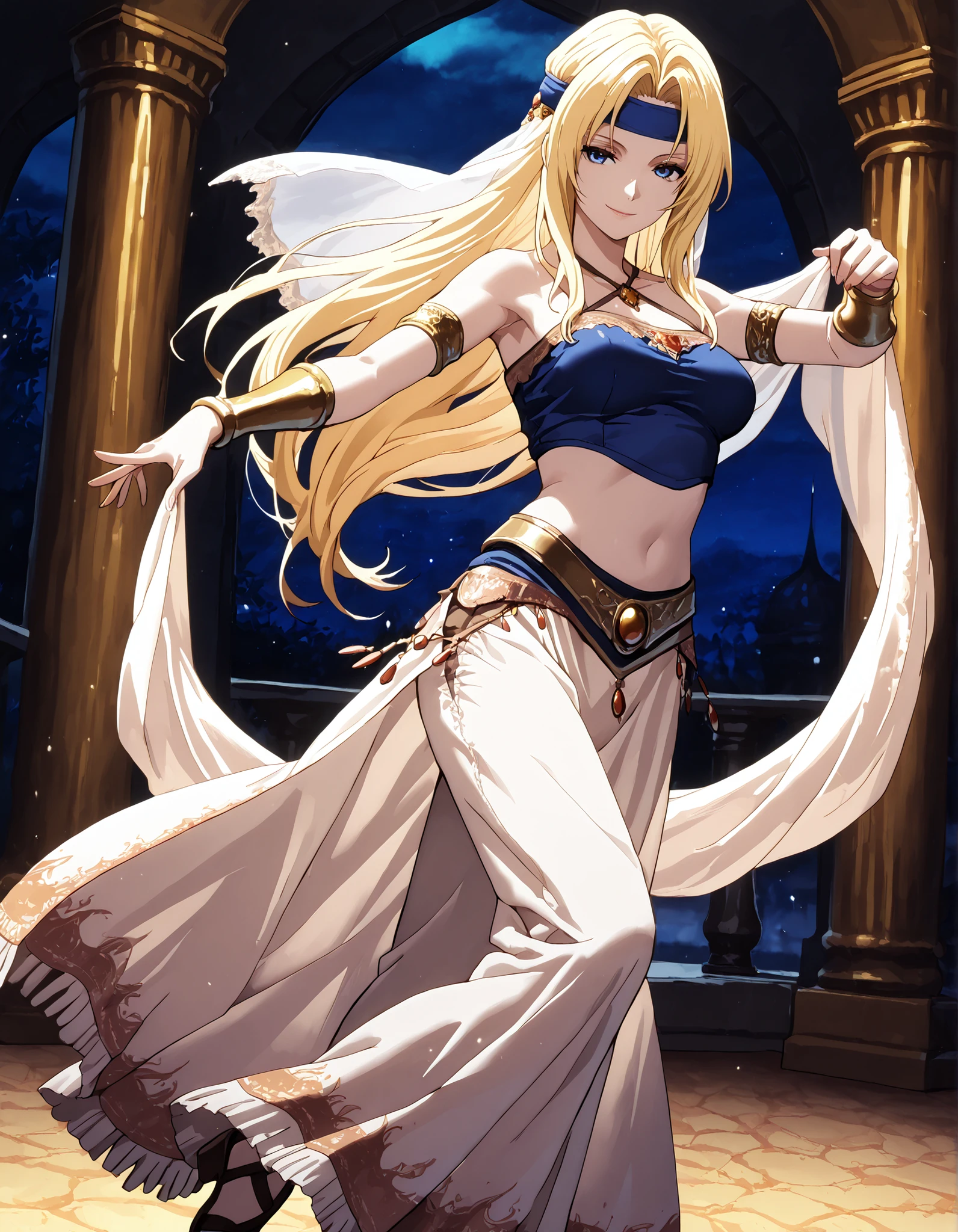 (1girl:1 . 5) , (Seul:1 . 5) , score_9 , score_8_haut , score_7_haut , source_anime , Official work , ultra-detailed , masterpiece , better quality , high resolution , beaux yeux , detailed eyes , Detailed face , beautiful detailed eyes,blonde hair, long hair, parted bangs, blue eyes,Final Fantasy,Celes Chere, dancer_fft,crop top, halter top, long skirt, belt,bracers, sandals, shawl,golden jewelery,armlet, belly dancing,night,arabian garden,seductive smile, dancing with veil, dynamic movement,dance posture, seductive pose