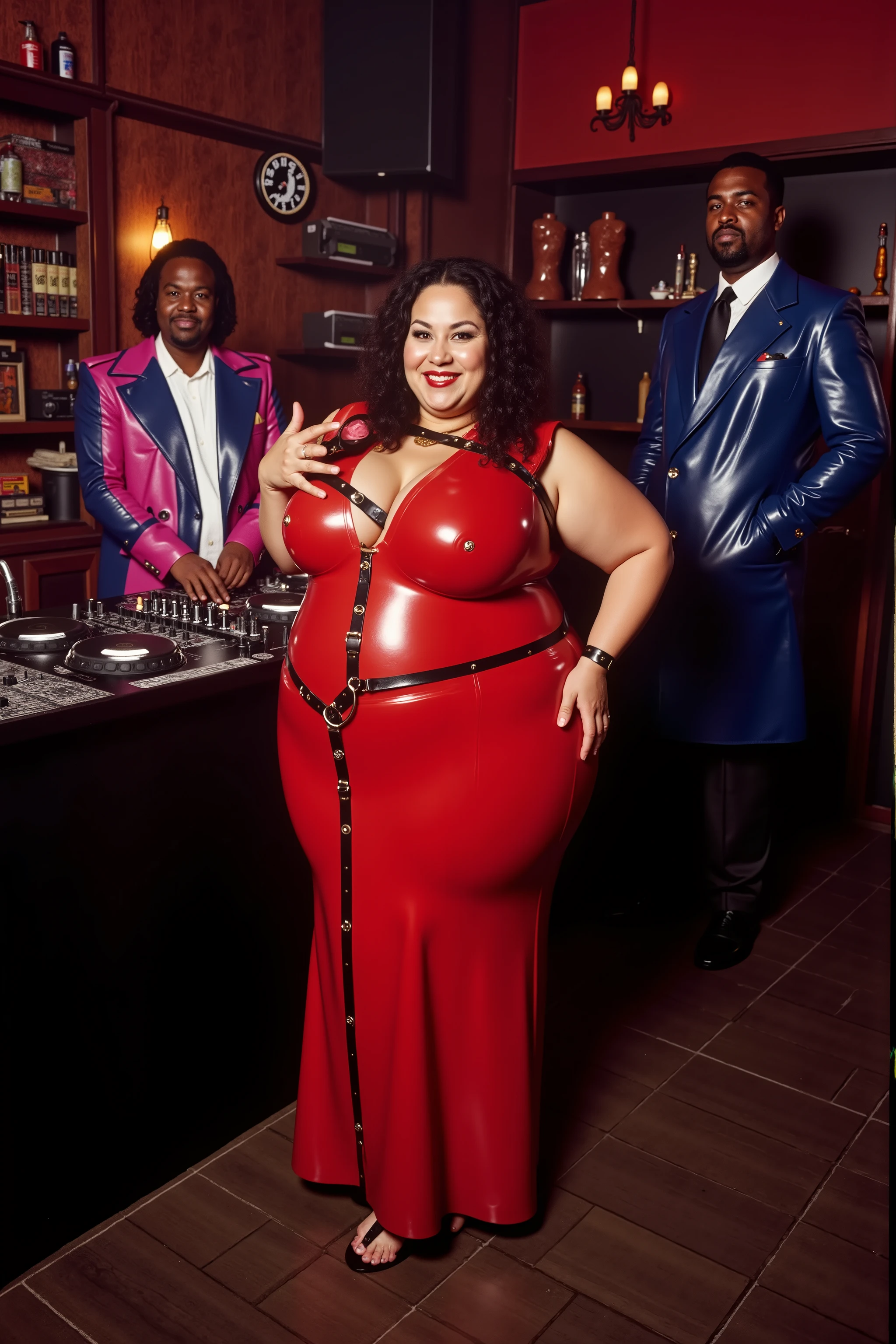 A 57 year old fat Asian woman with massive arms and belly stands in a night club wearing a long red latex dress with leather straps on it near the DJ’s booth the DJ is a tall fat black man wearing a blue and pink latex trenchcoat