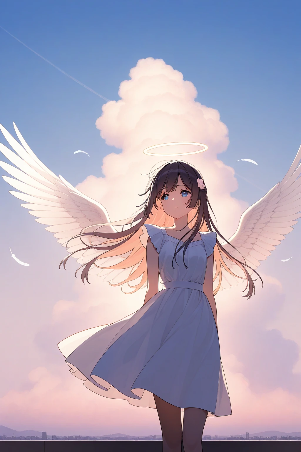A girl  with angel wings and dress, angel girl, full body portrait, white anime Barbie, beautiful gauze dress, curly hair, {best quality}, {{masterpiece}}, {high resolution}, {extremely delicate and beautiful}, original, extremely detailed wallpaper, 1girl, {colorful}, {bright colors}, {vivid}, UHD, ccurate, textured skin, anatomically correct, high details, best quality, super detail, award winning, high quality, 1080P, 8k((best quality)), ((masterpiece)), (detail:1.4), 3D, a beautiful cyberpunk woman, HDR (high dynamic range), ray tracing, NVIDIA RTX, Super-Resolution, Unreal 5, Subsurface scattering, PBR textures, post-processing, anisotropic filtering, depth of field, maximum sharpness and sharpness, multi-layer textures, albedo and highlight maps, surface shading, accurate simulation of light-material interactions, perfect proportions, Octane Render, two-color light, large aperture, low ISO, white balance, rule of thirds, 8K RAW,
